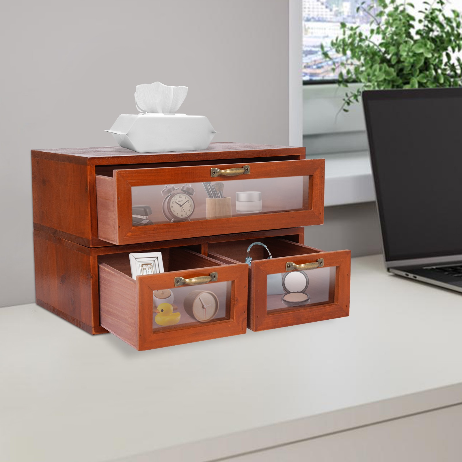 Vintage Desk Organizer Tabletop Storage Organization Box w/ 3 Drawers for Office