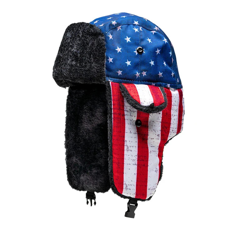 Soul Of Adventure American Flag Trapper Hat with Black Faux Fur Adult Size
