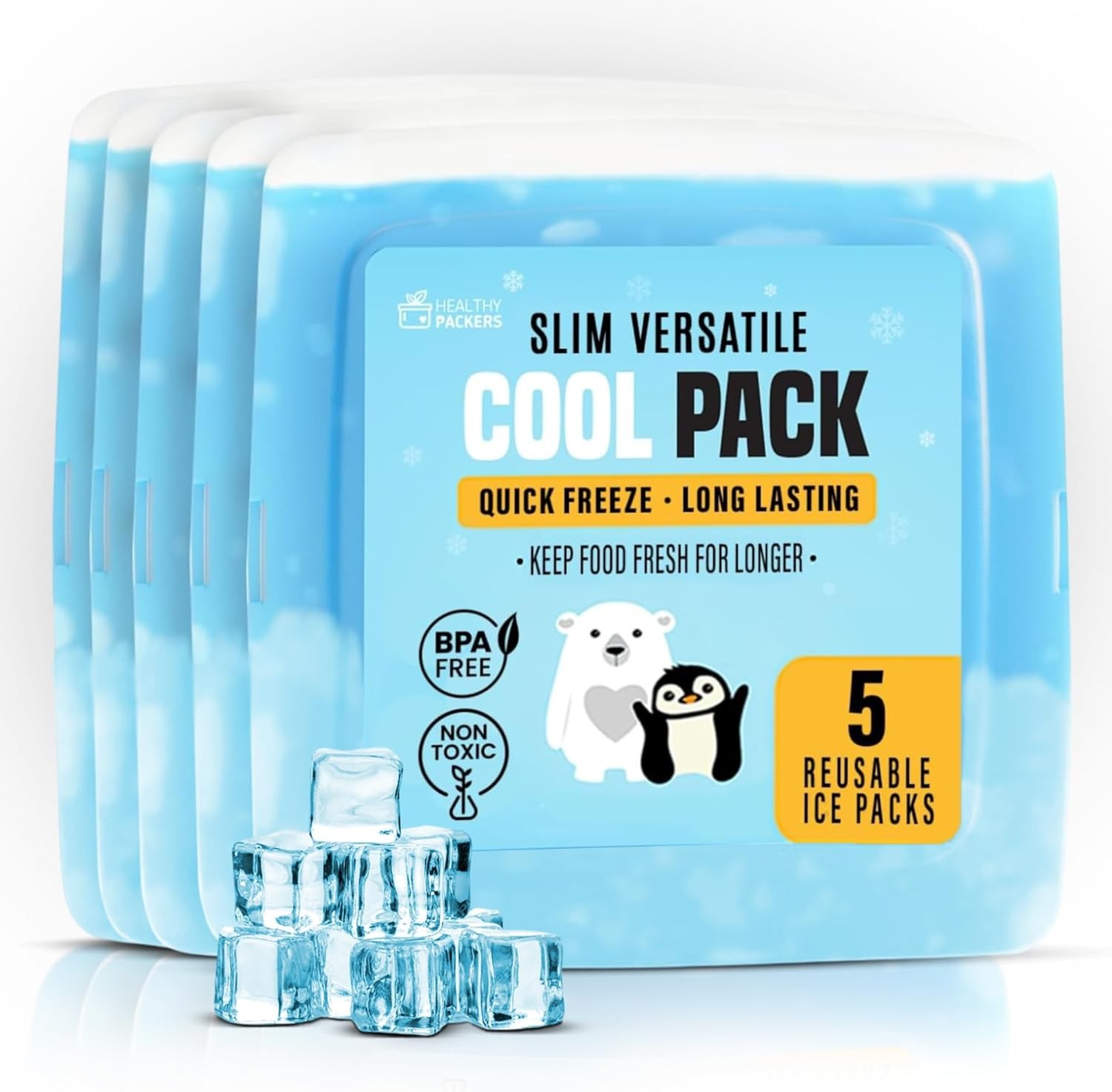 Healthy Packers® Reusable Ice Pack for Lunch Box or Cooler Bag (Clear | 5-pack)