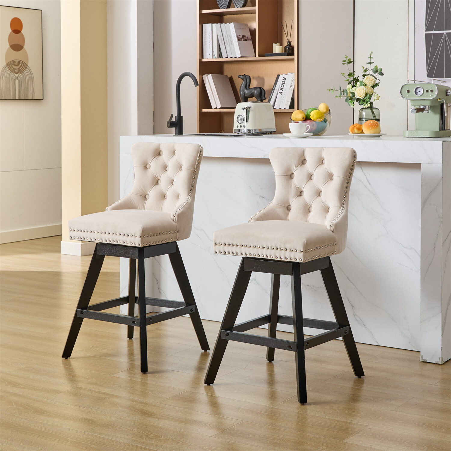 Set of 2 Swivel Velvet Bar Stools Bar Chair Counter Height Dining Chair