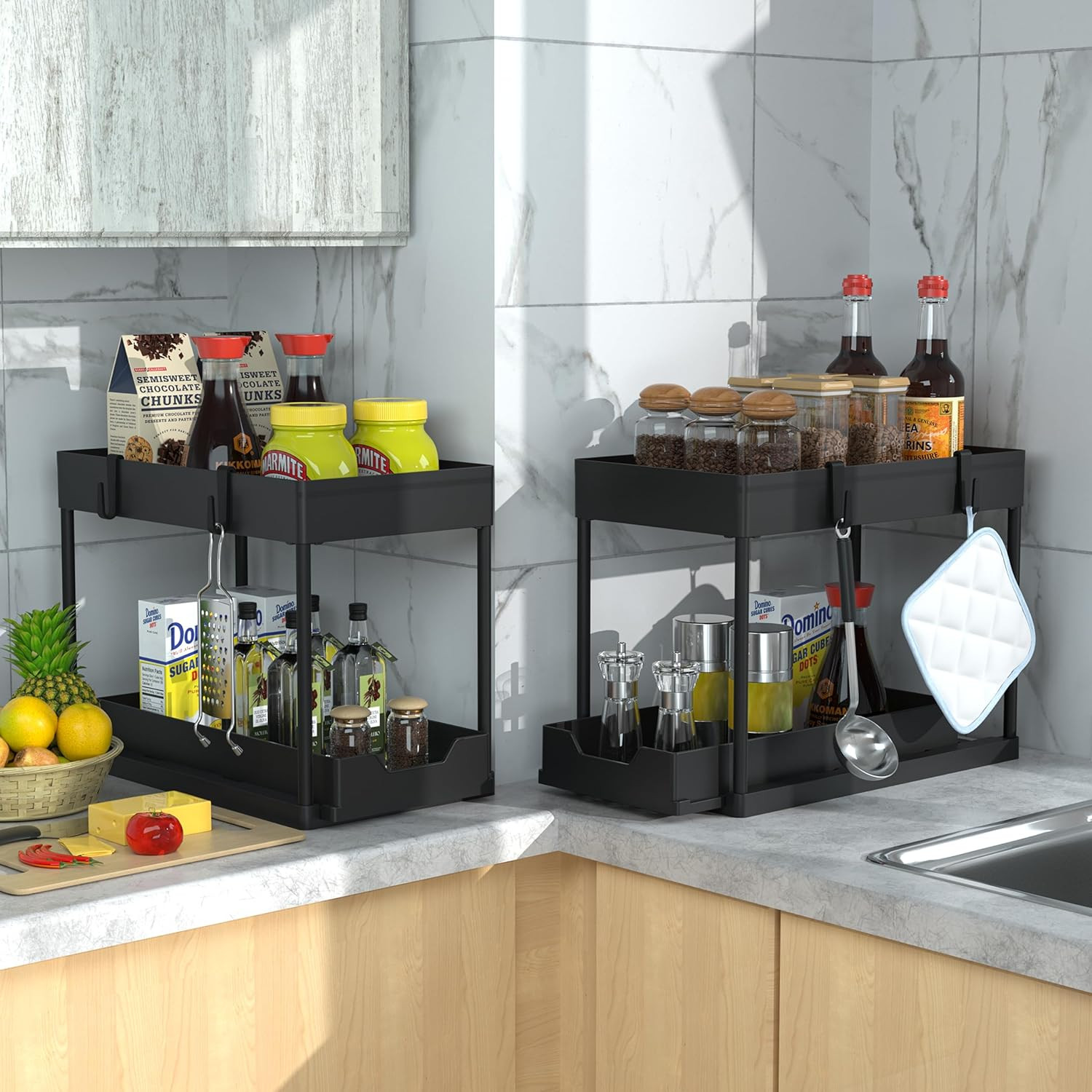 Under Sink Organizer 2 Pack,2 Tier Slide Out Storage for Kitchen Bathroom | Mult