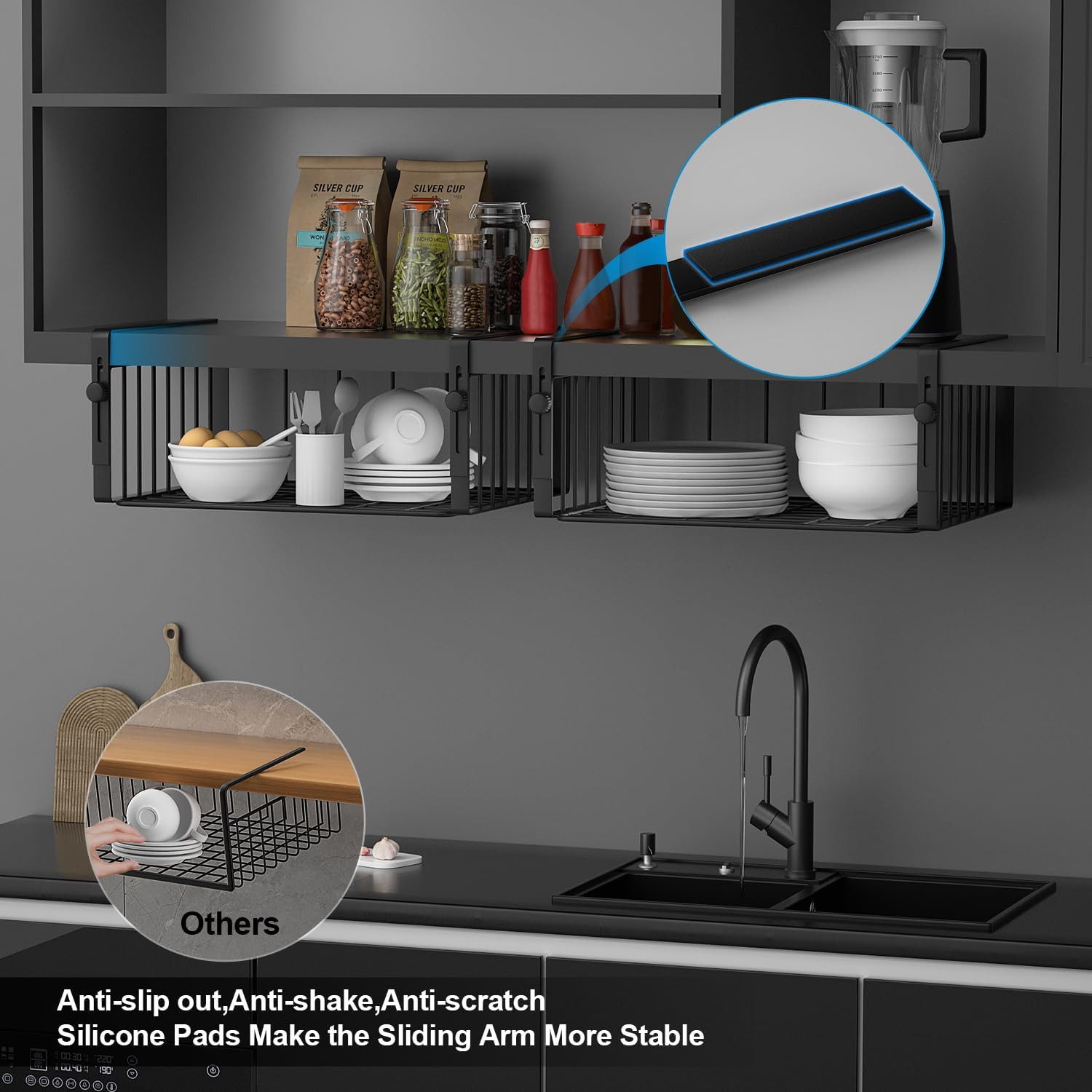 2Pack under Shelf Basket Storage,Adjustable Hanging,Black | under Cabinet Shelf