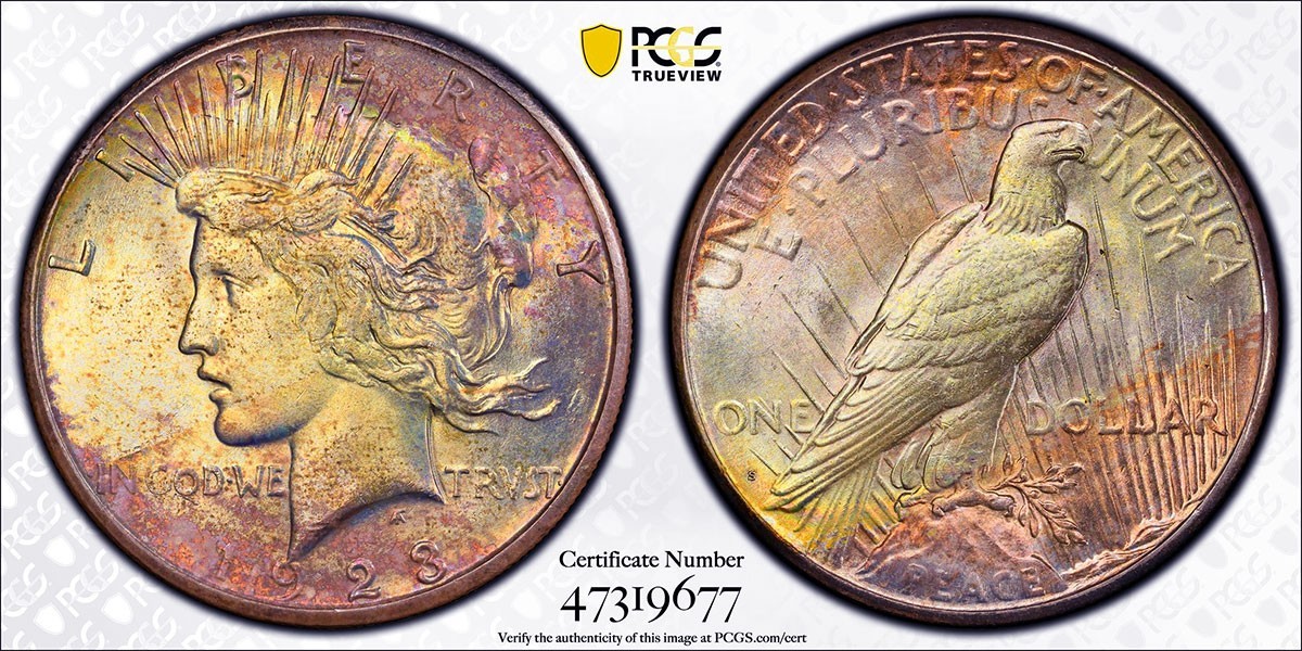 1923-S PCGS MS64 PEACE $$ BEAUTIFUL MULTICOLOR BRIGHT RAINBOW TONING (VIDEO) **