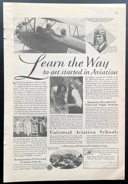 Universal Aviation Schools 1929 AD “Learn the Way to Get Started in Aviation"