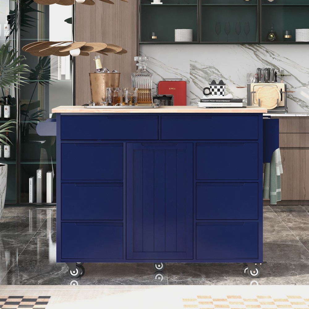 Kitchen Cart Rubber Wood Countertop 8 Drawers Flatware Organizer 5 Wheels