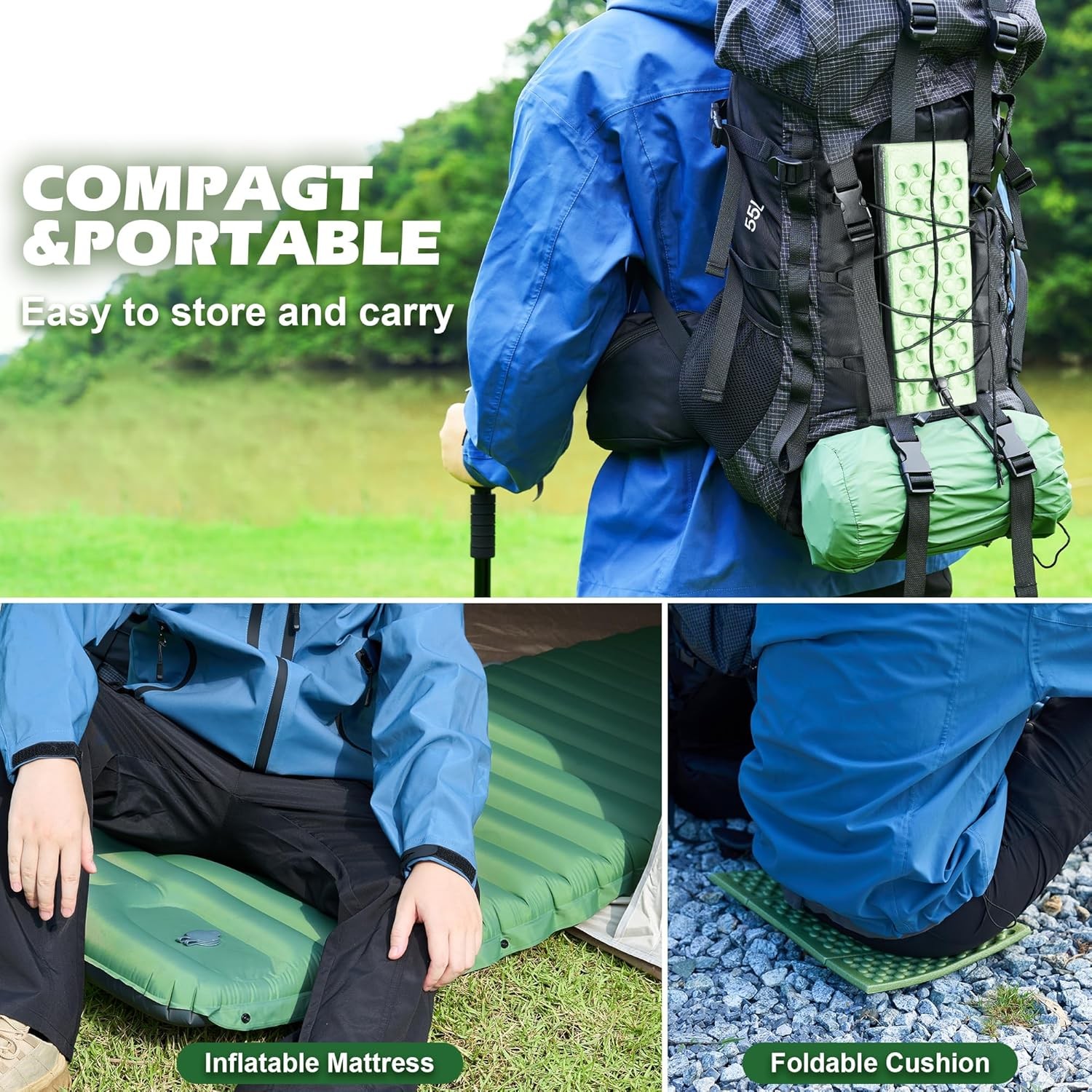 Premium Hiking Camping Backpack Set, Casual Style with Inflatable Sleeping Pad,