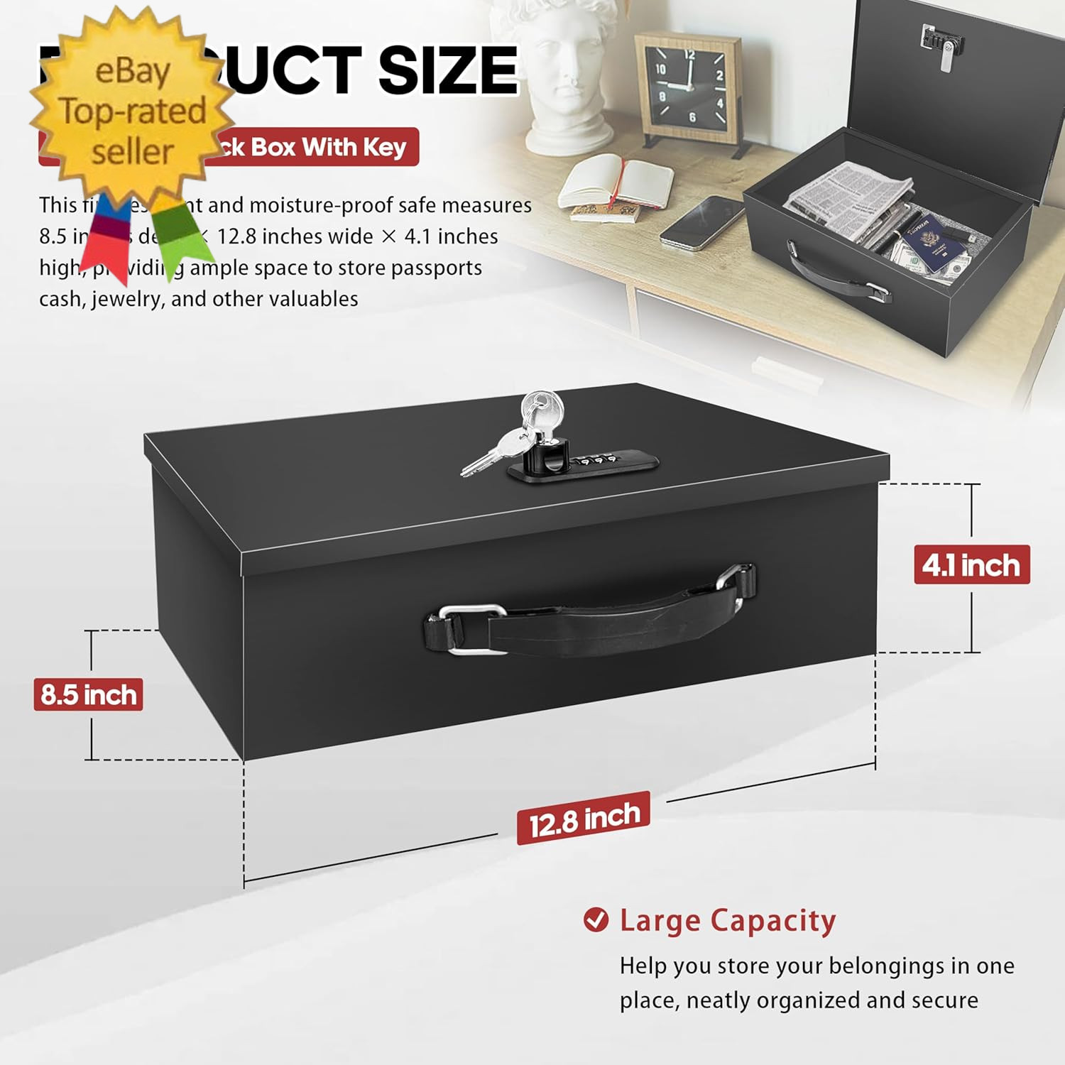 Fireproof Lock Box with Key and Combination Lock, Fire Safe Document Box, Portab