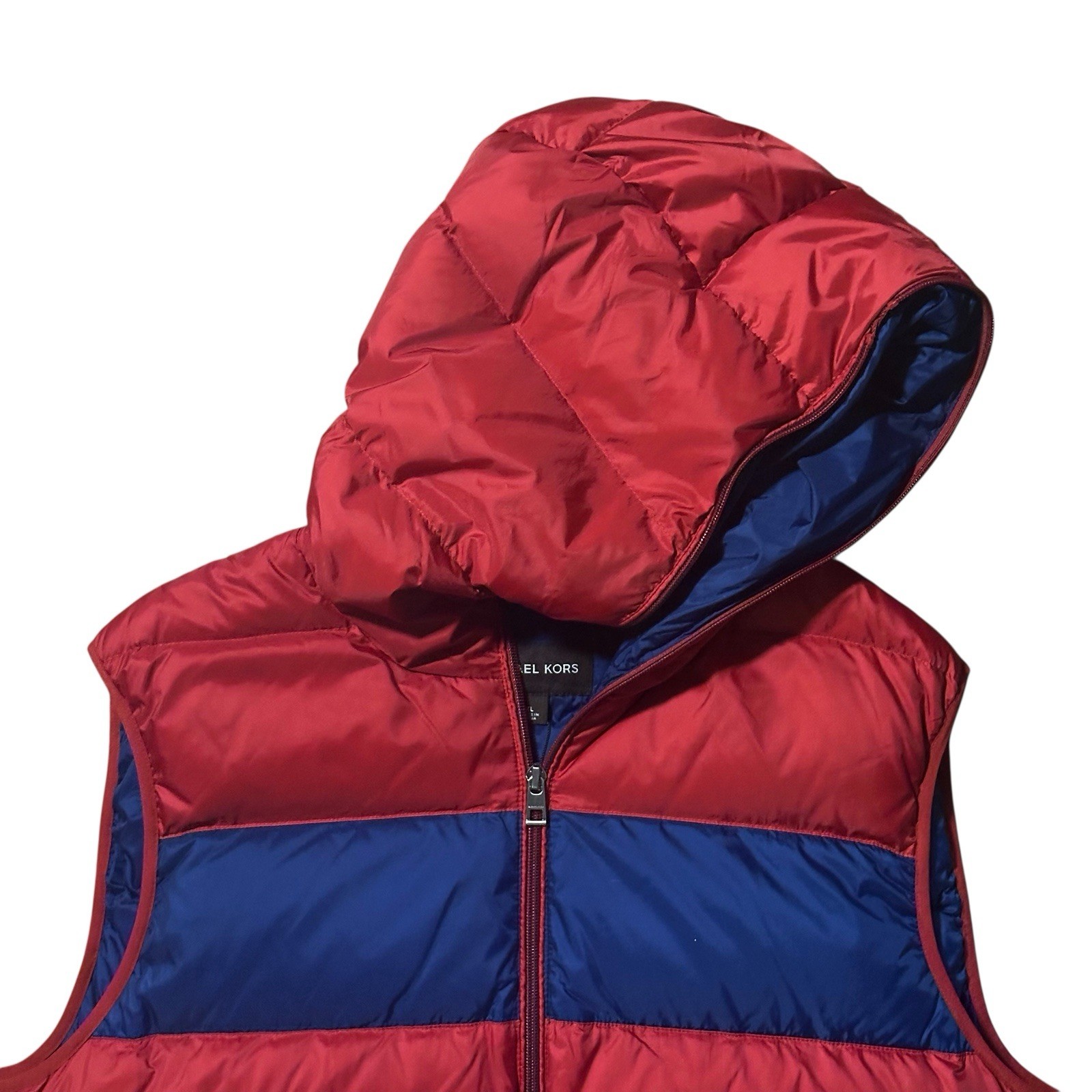 Michael Kors Red Blue Hooded Down Puffer Vest Weather Engineered Size XL