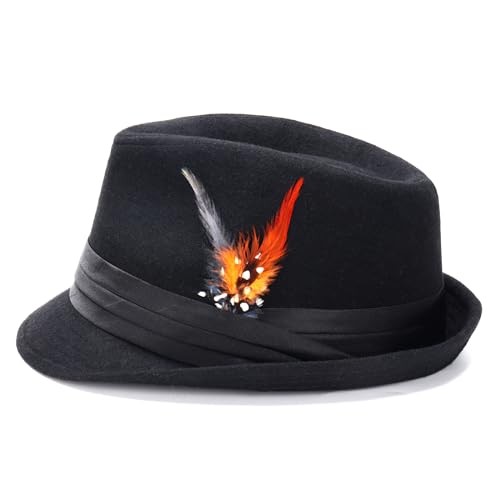 Fedora Hats for Men Women Classic Short Brim One Size Orange Feather-black