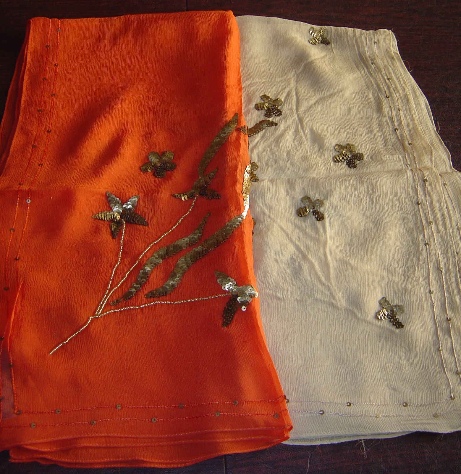 Scarf Shawl Stole Veil Dupatta Hand Embroidered  Floral Sequins Beads Silk Fring
