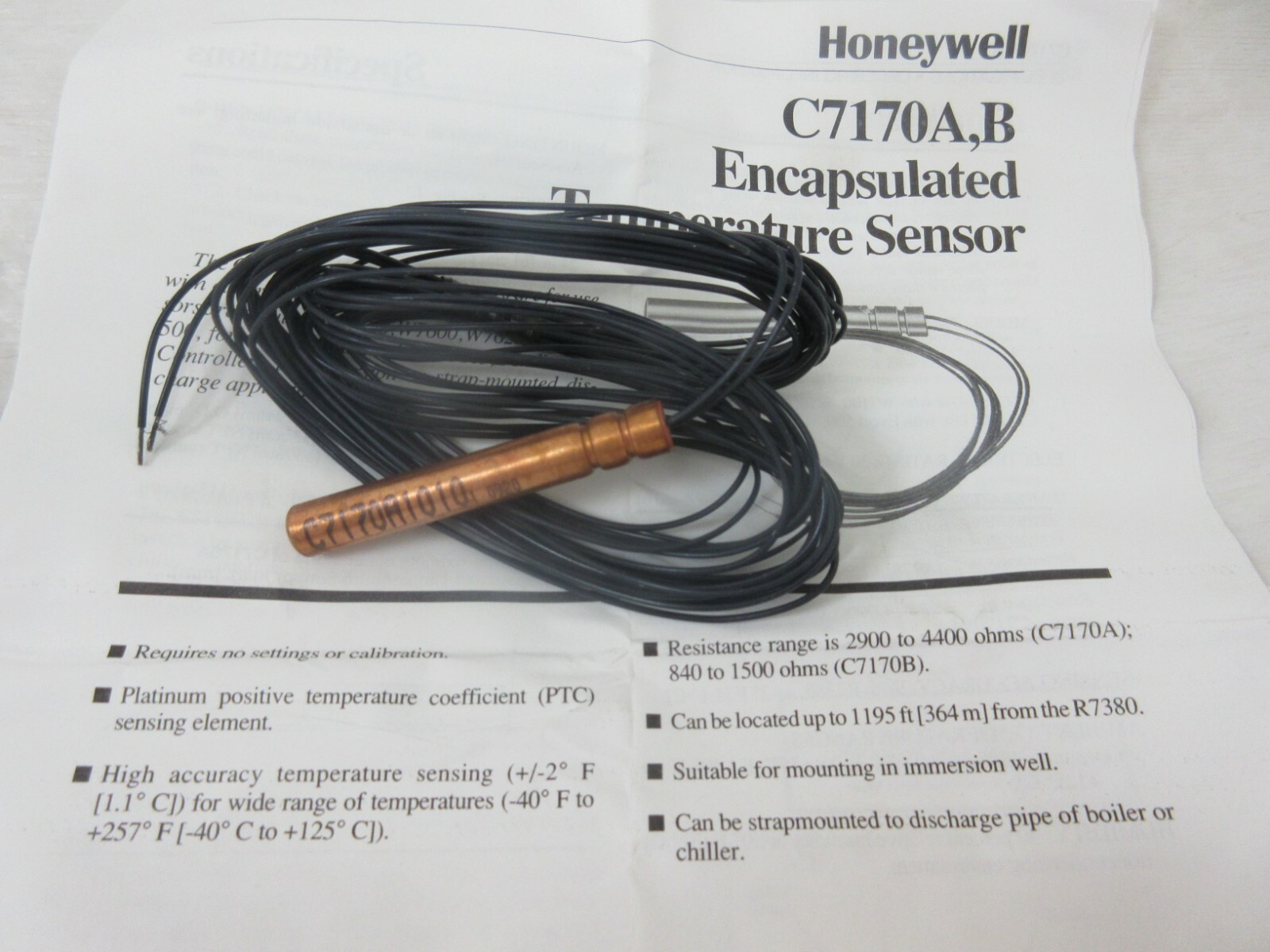 HONEYWELL C7170A 1010 PLATINUM IMMERSION SENSOR 3" INSERTION  -40F TO 250F