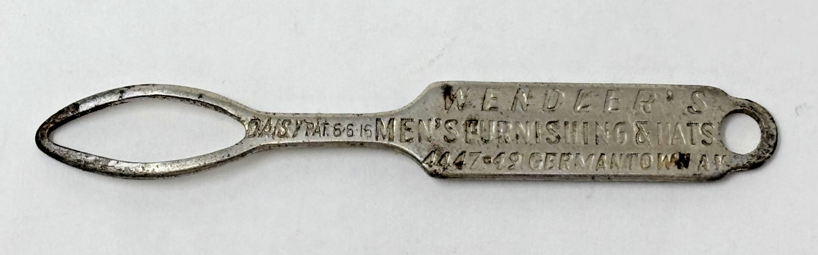 Vintage Advertising Shoe Hook "Wendler's Men's Furnishings & Hats" Philadelphia