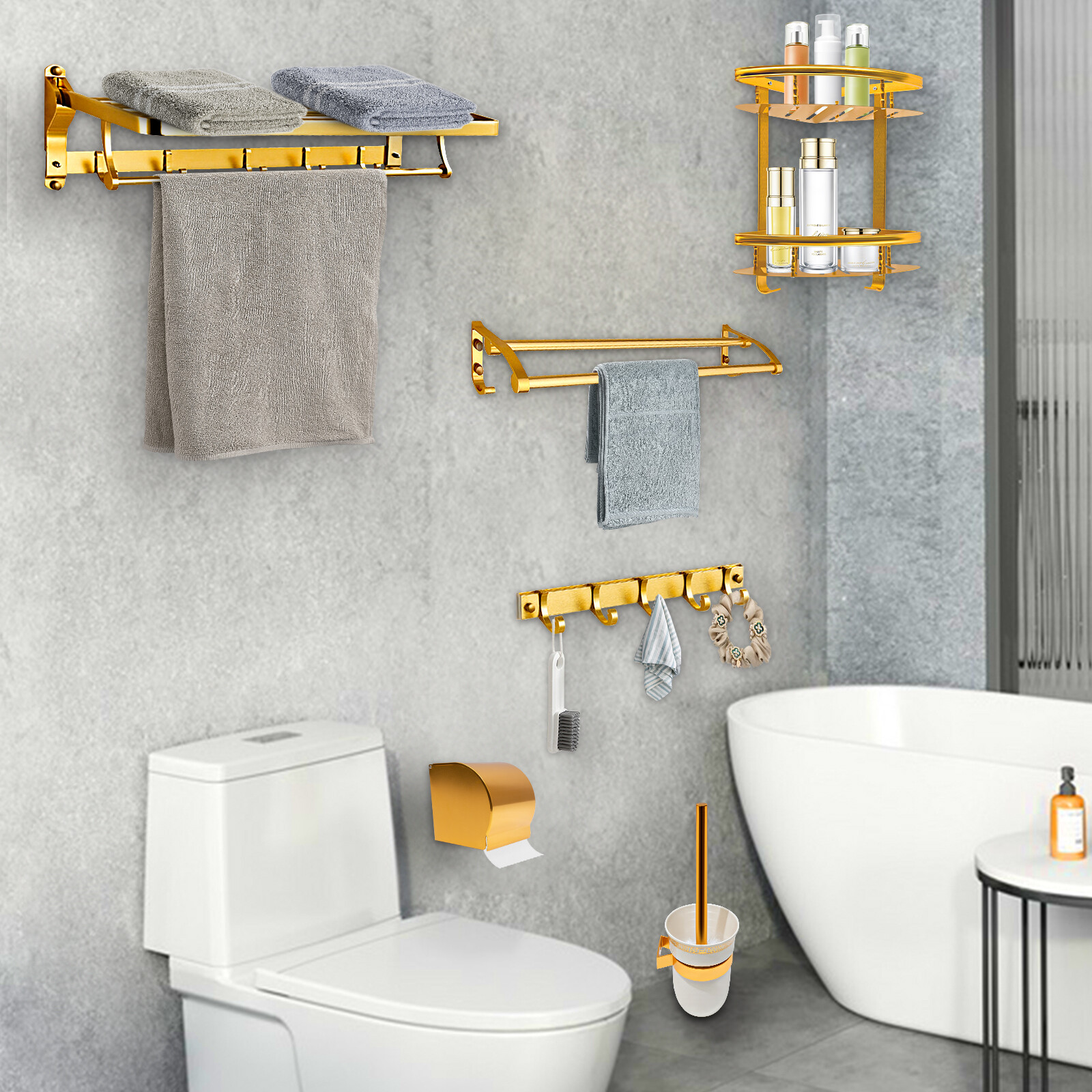 Luxury 6PCS Bath Set Wall Mounted Bathroom Organizer Accessories Towel Shelf