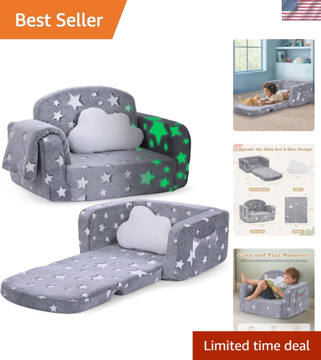 Kids Couch, 2-in-1 Soft Toddler Couch Fold Out with with Blanket and Cloud Pi...