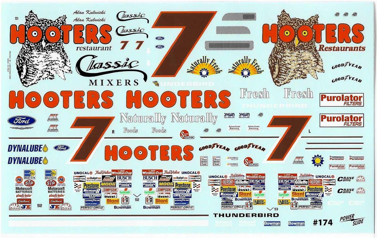 Powerslide 174 #7 Hooters 1992-93-Alan Kulwicki 1/24 waterslide Nascar decal