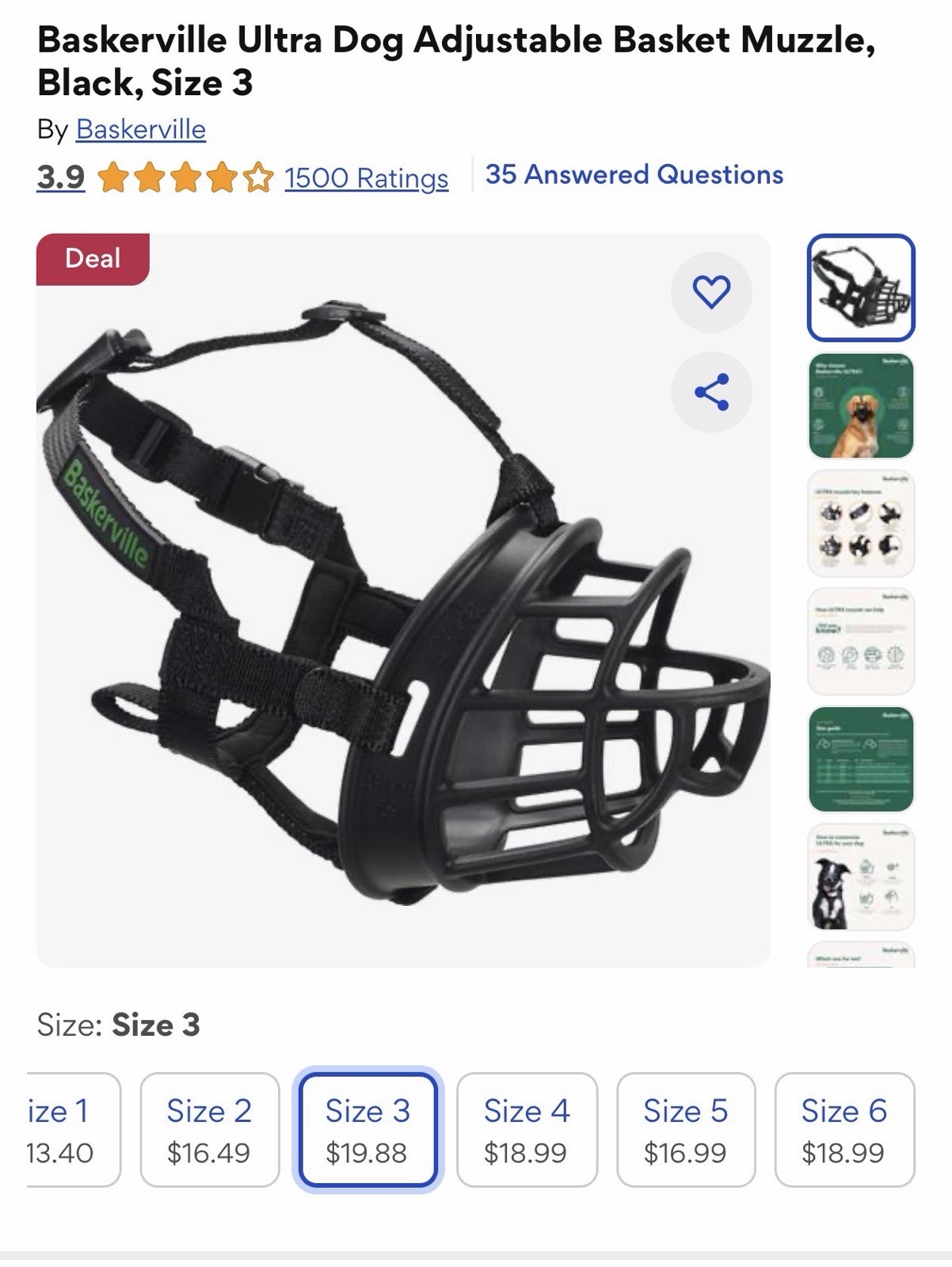 Baskerville Ultra Muzzle Adjustable Basket Black TPR Nylon Size 3