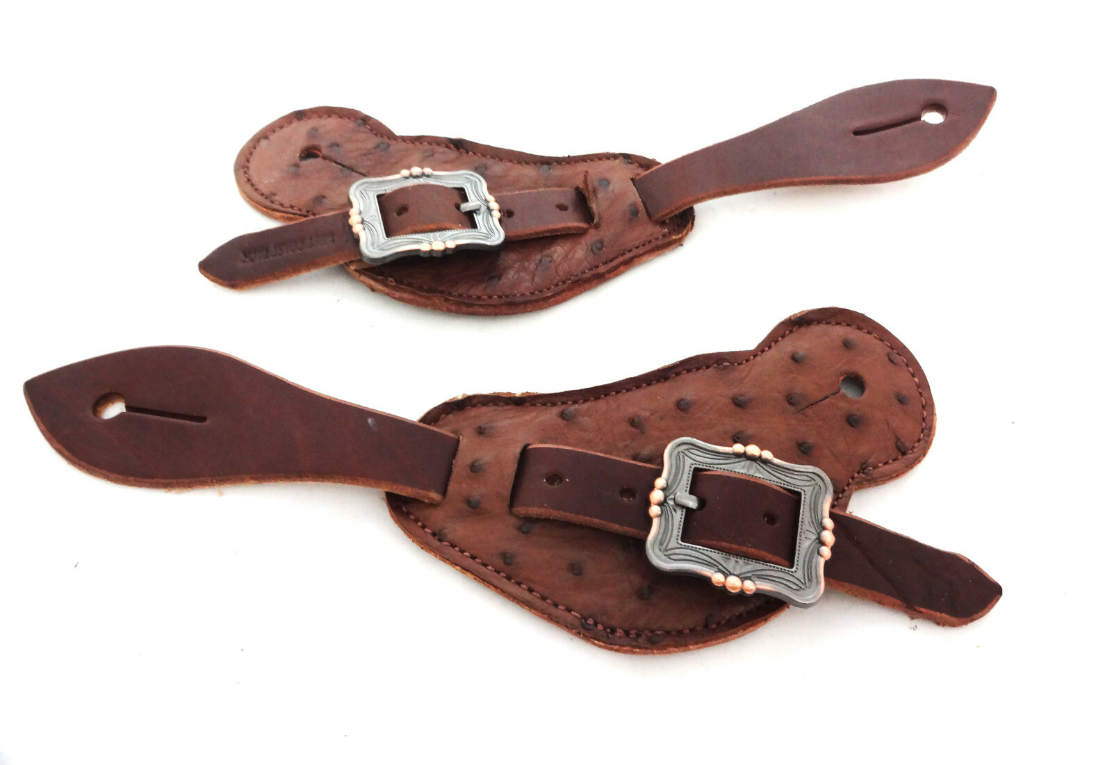 Brown Ostrich Harness Leather Spur Straps Pair Copper Berry Buckles Western New