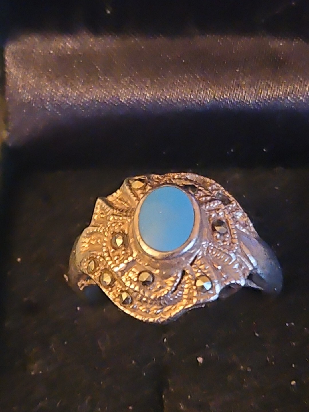Silver Marcasite Blue Ring Size 8.25