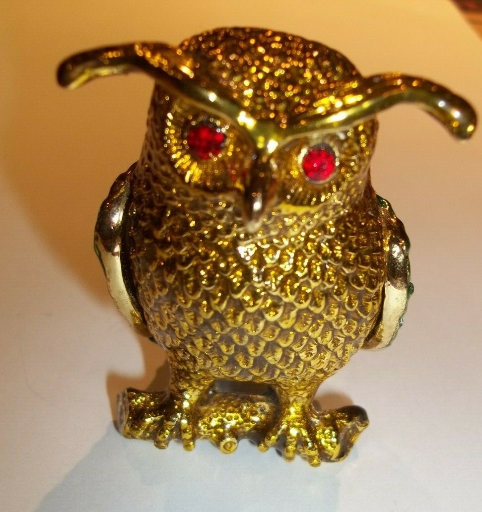 Owl Trinket Metal Rhinestone and Enamel Gold Tone Magnetic Closure