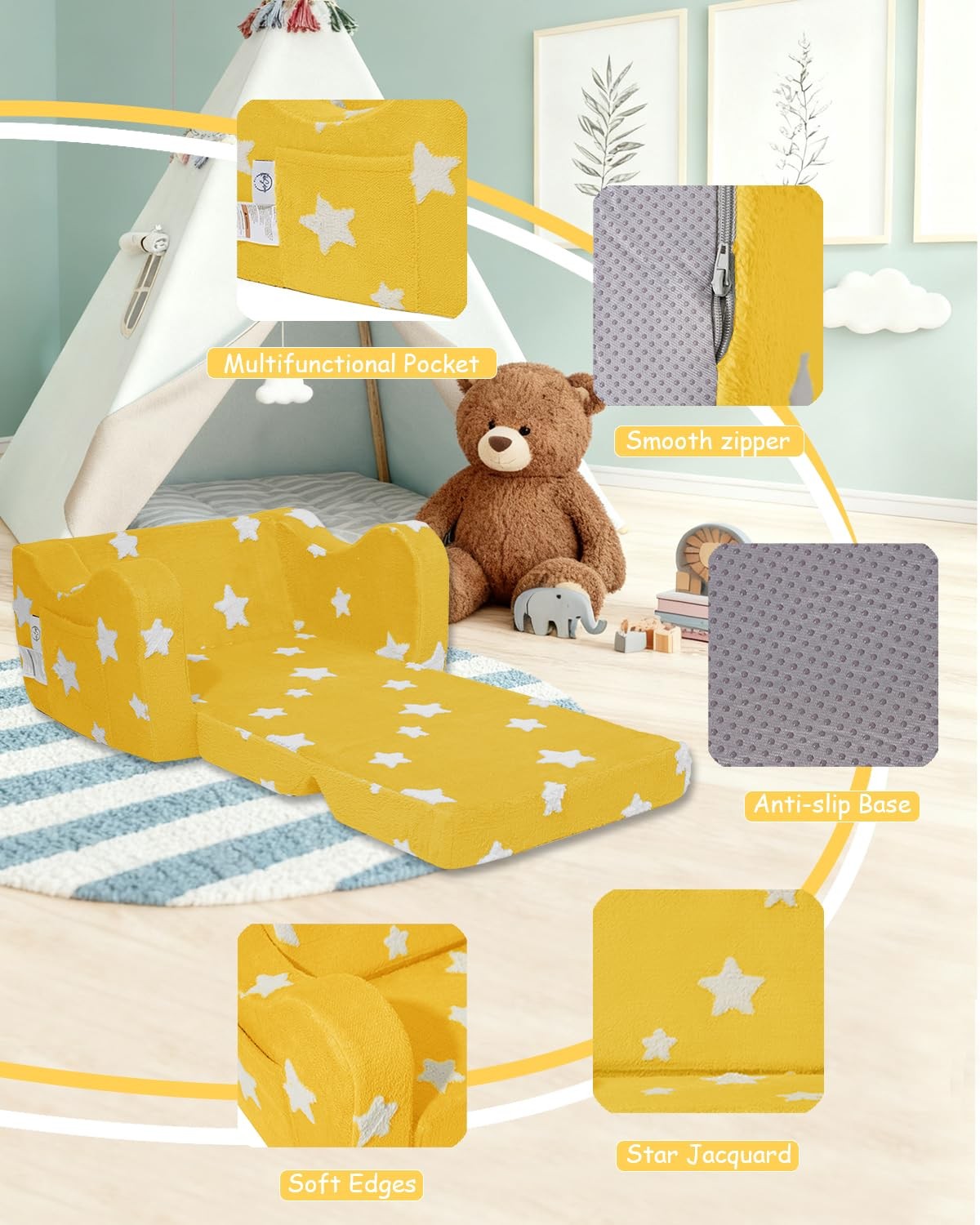 Toddler Couch, Kids Couch for Toddler Fold Out, 2-in-1 Convertible Kid Sofa t...