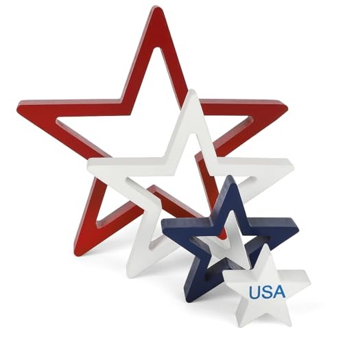 COCHIE 4th of July Decorations Stars Set of 4, Red White Blue Solid Color