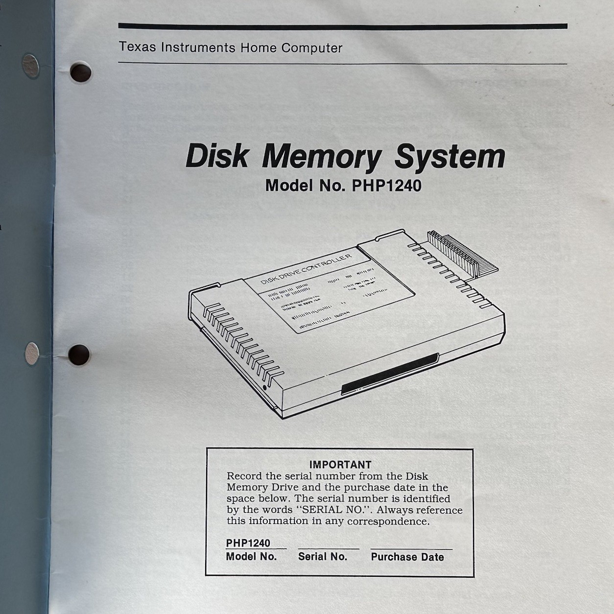 Vintage Texas Instruments Disk Memory System Model PHP1240 For TI99/4a Manual