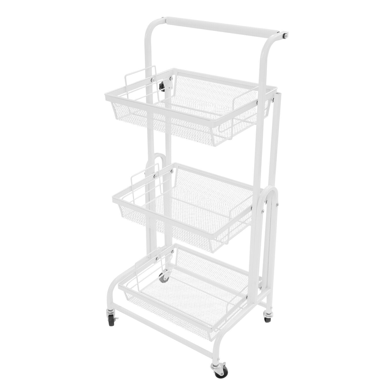 3-Tier Multi-Functional Storage Cart Metal Rolling Utility Cart White Adjustable