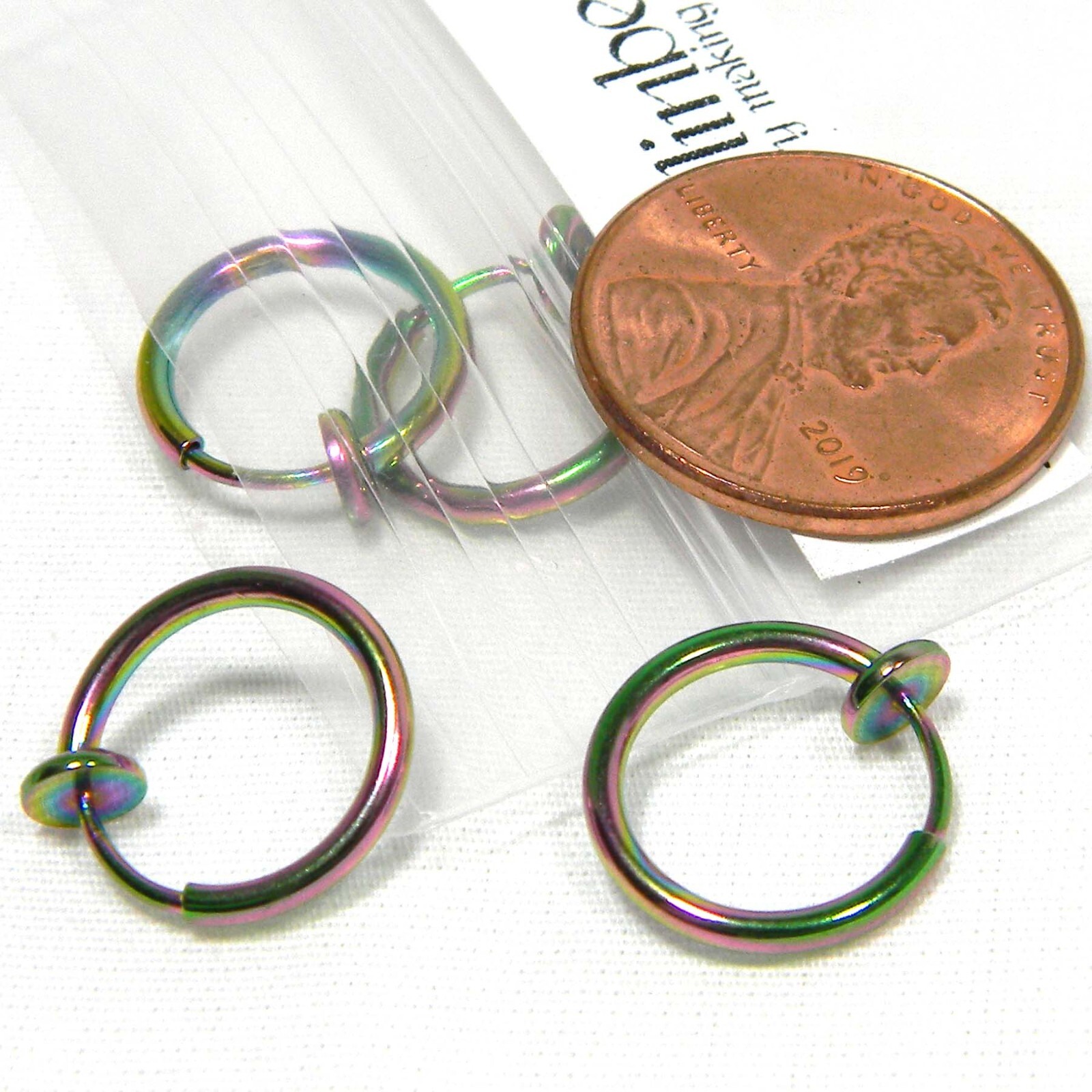 4 Small 1/2 inch Rainbow Ion Stainless Steel Round Clip on Hoop Earring Findings