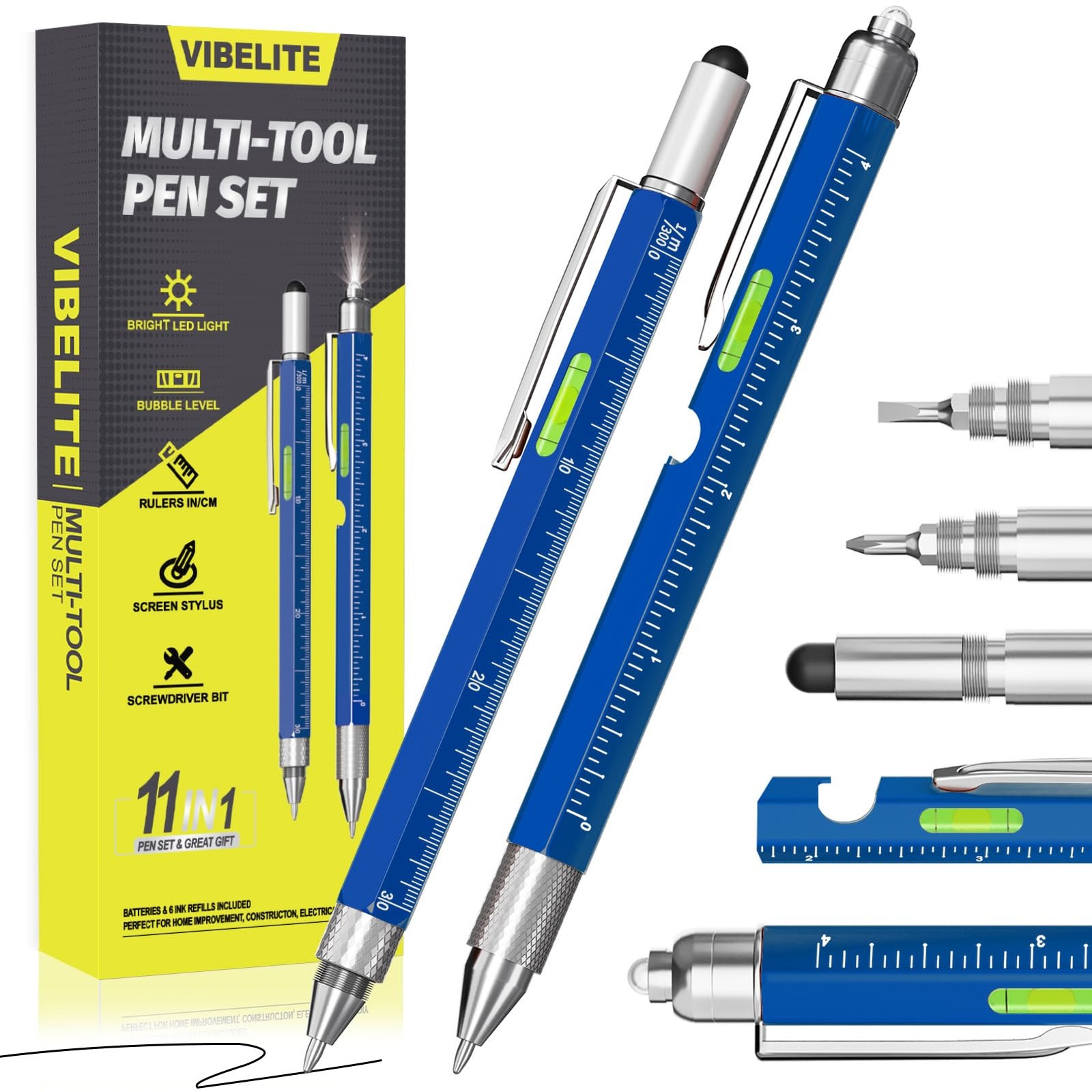 11 in 1 Multitool Pen Set with LED, Stylus, Level, Screwdriver, 2 Pack, Blue
