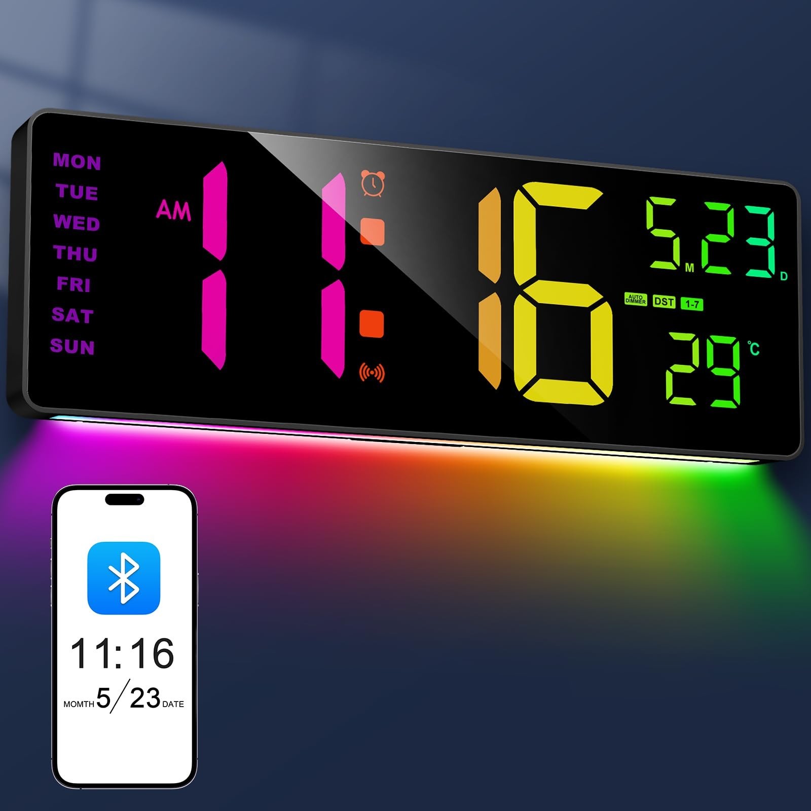 XREXS 16.3" Bluetooth Large Digital Wall Clock with Remote Control, Auto Time...