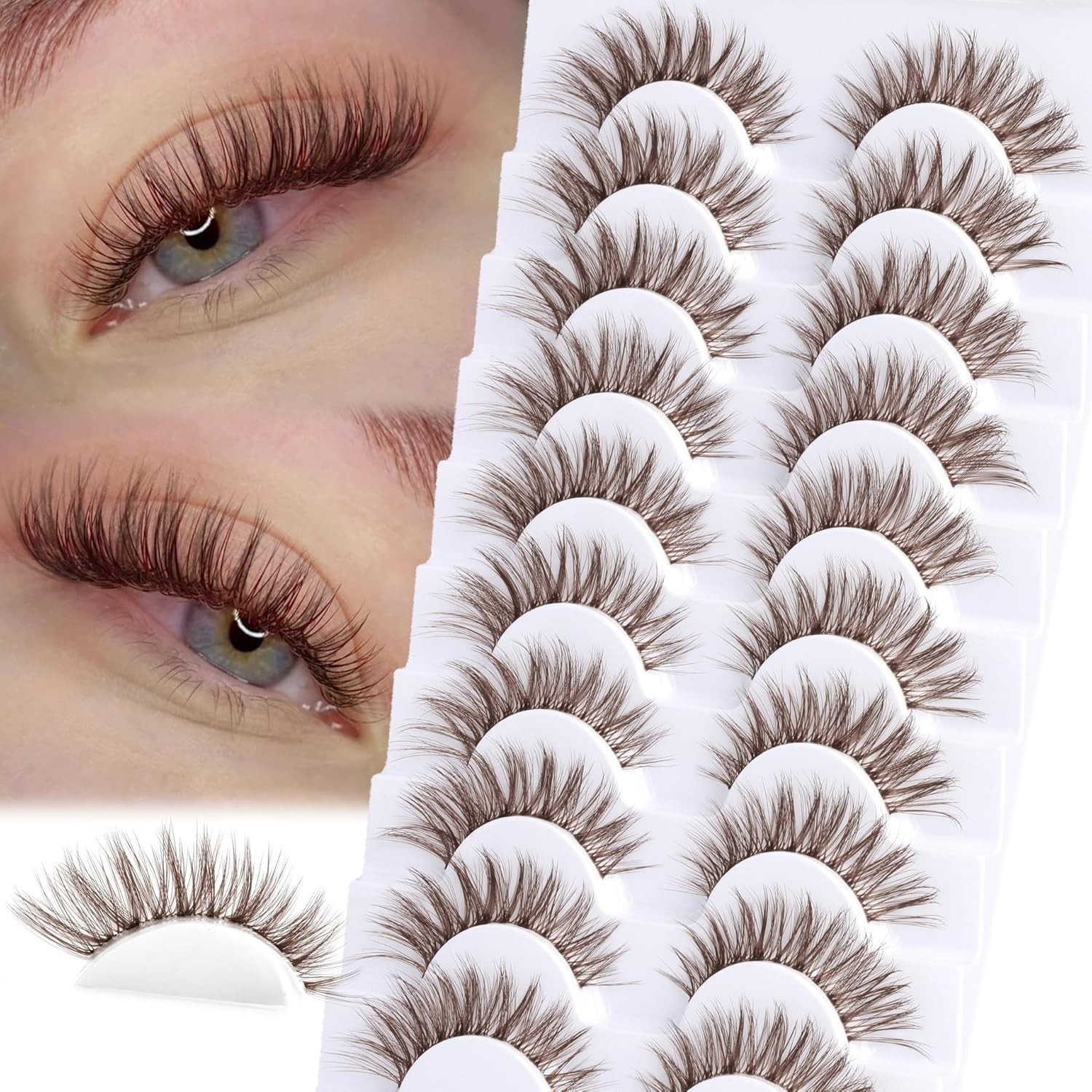 Brown Lashes Natural Look False Eyelashes Wispy 10 pair (Pack of 1), Black