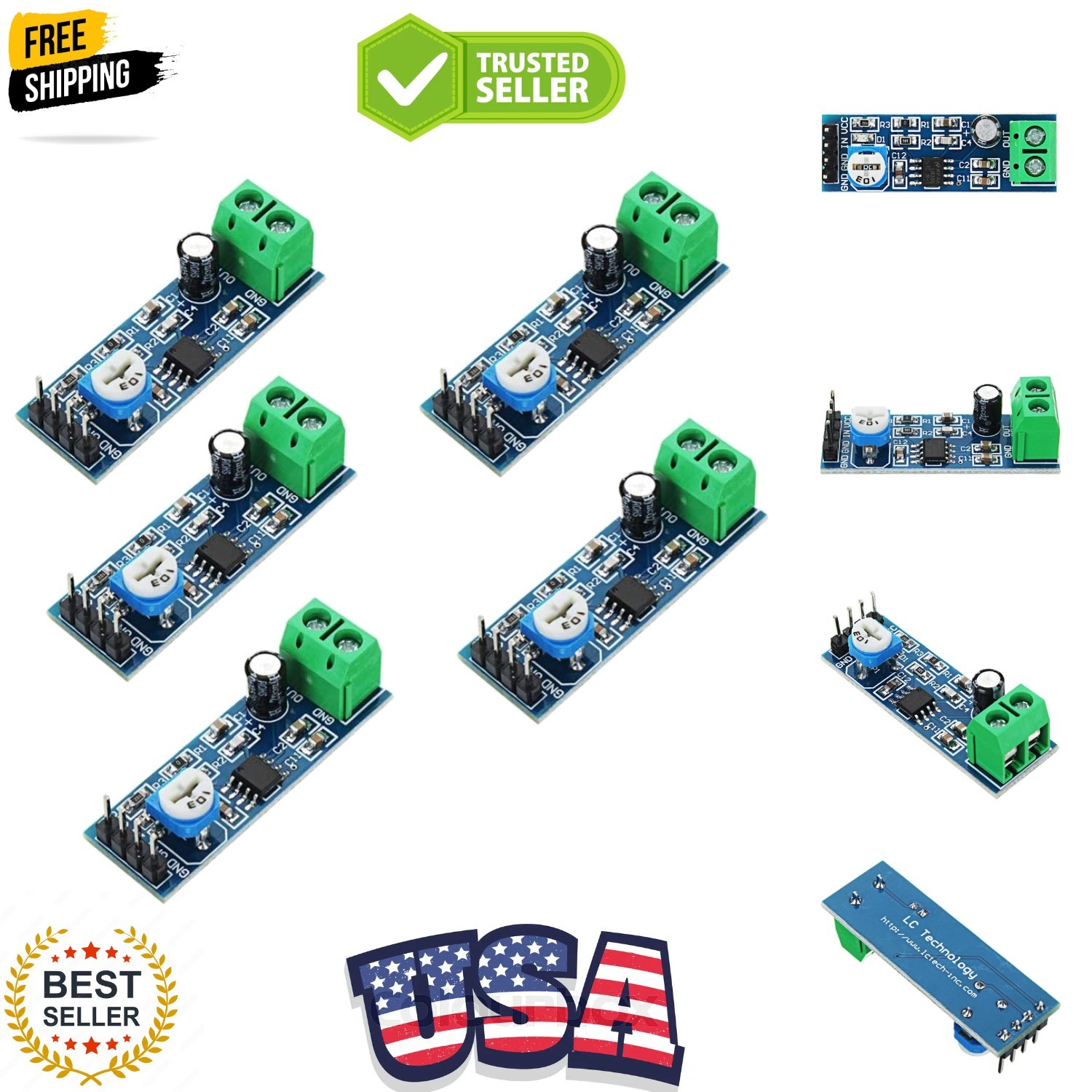 5pcs LM386 Mono Audio Amplifier Module 200 Times AMP Solo 5V-12V 10K Adjustable