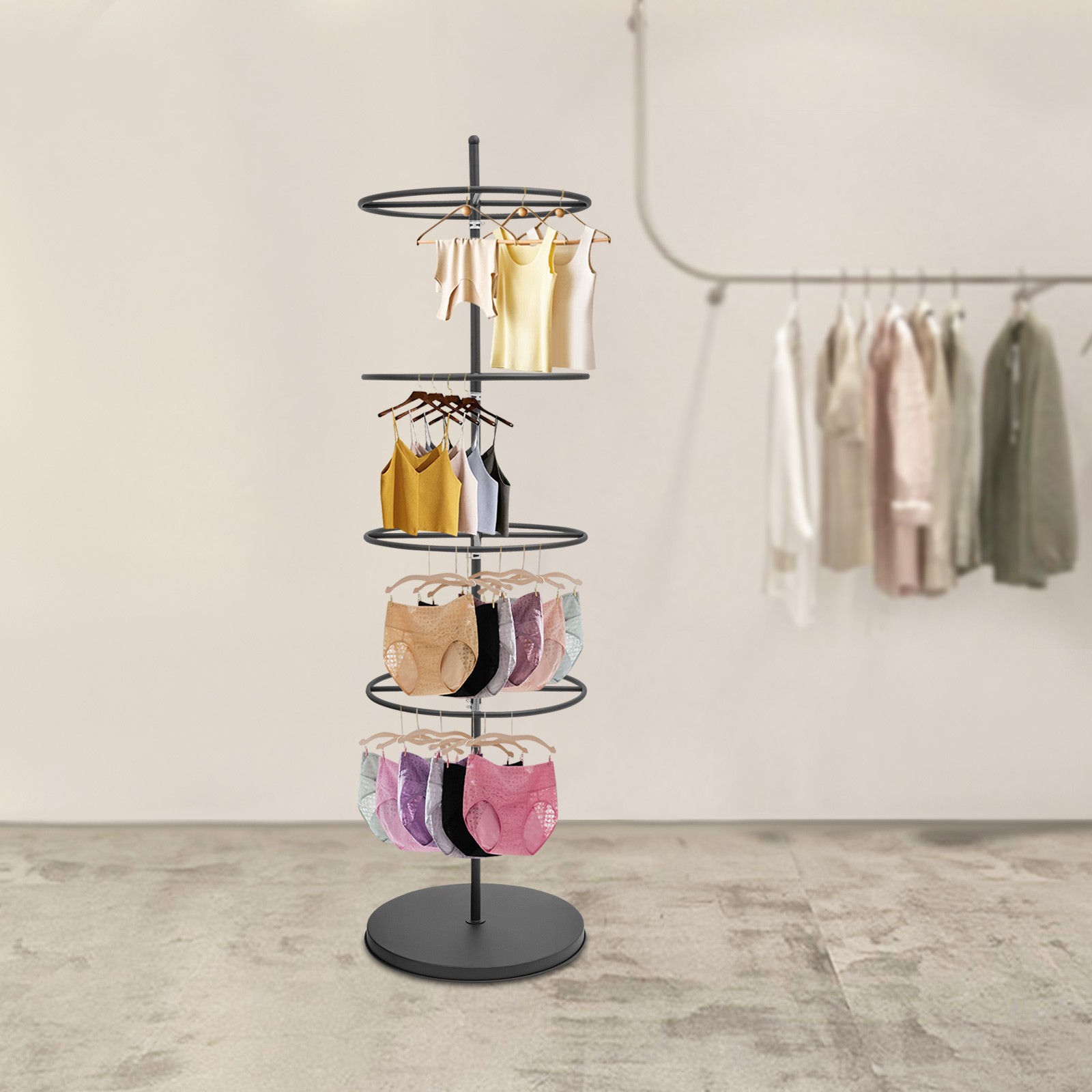 Black Rotatable Round Display Round Clothing Rack Metal Clothes Hanging Rack