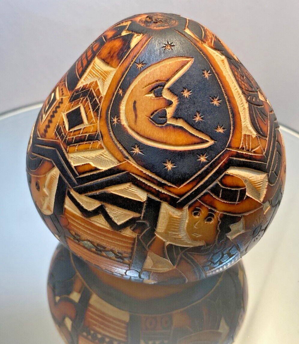 Vintage Peruvian Hand Carved  Music Gourd Folk Art Gourd Peru Life Culture