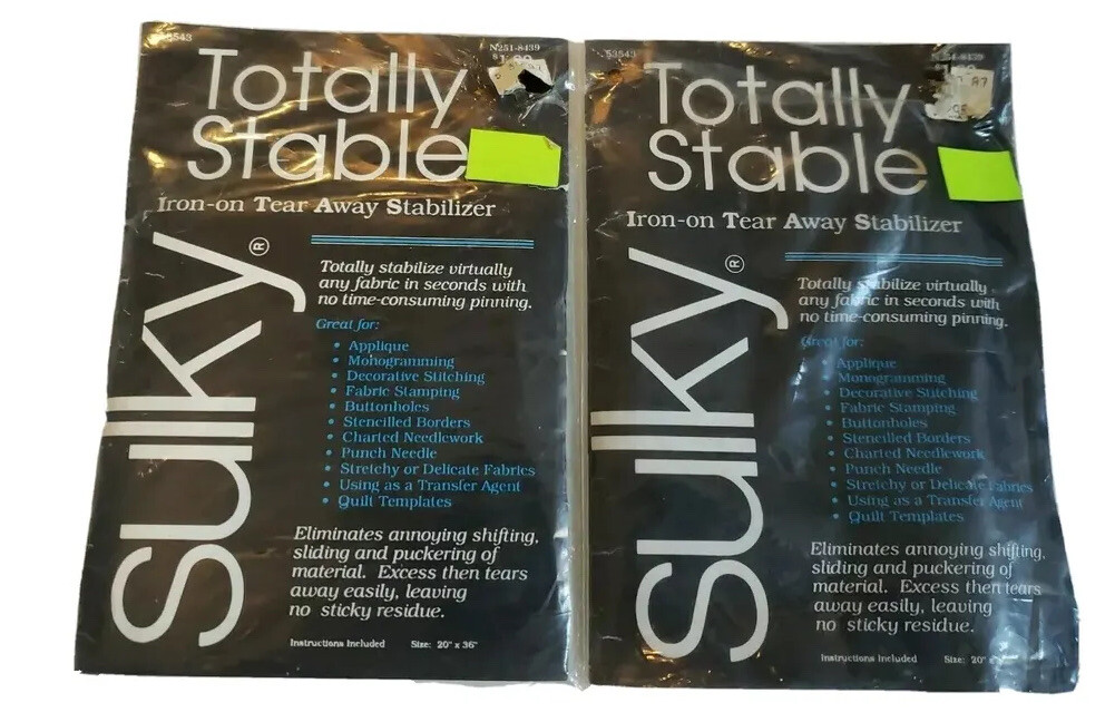 Lot/TWO pkgs. SULKY Stiffy Tear-Away Stabilizer & Totally Stable both 20'x36"