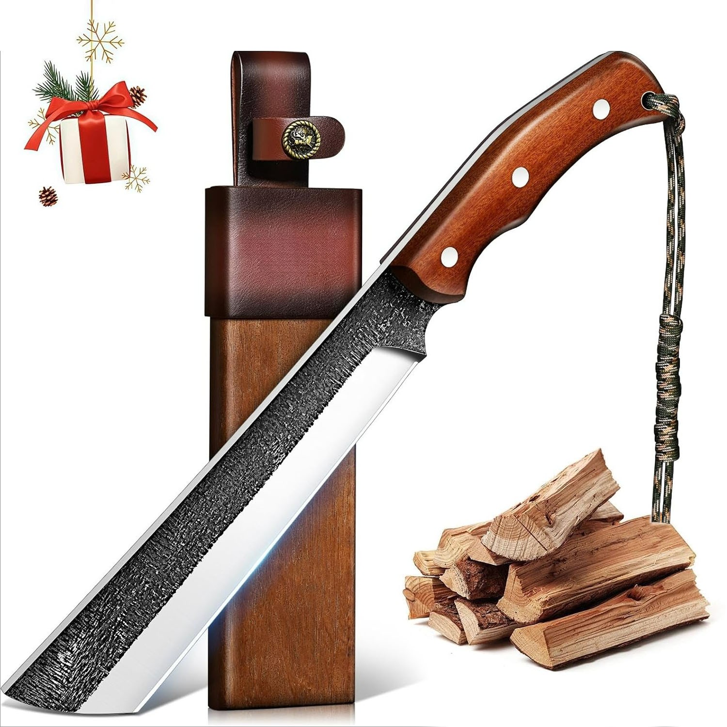 Mdhand Japanese High Carbon Steel Machete Full Tang Wood Cutting Knife w/ Sheath