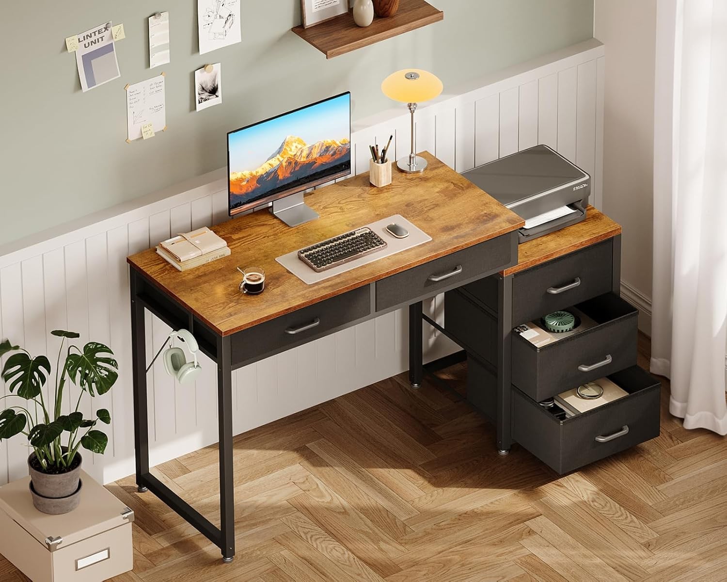 ODK Computer Desk with 5 Drawers,53'' Office Desk with Printer Shelf, Reversible