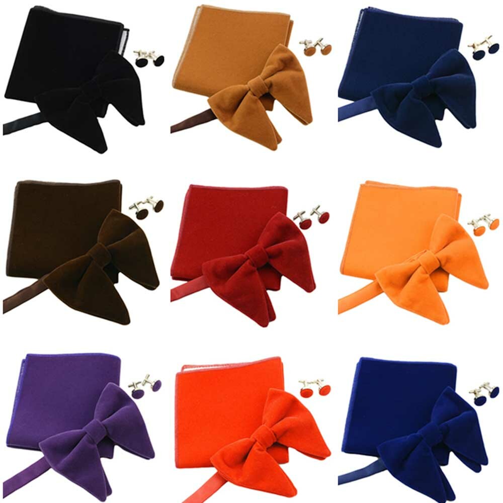 Men's Solid Oversized Velvet Pre-tied Bowtie Pocket Square Cufflinks Set QN304