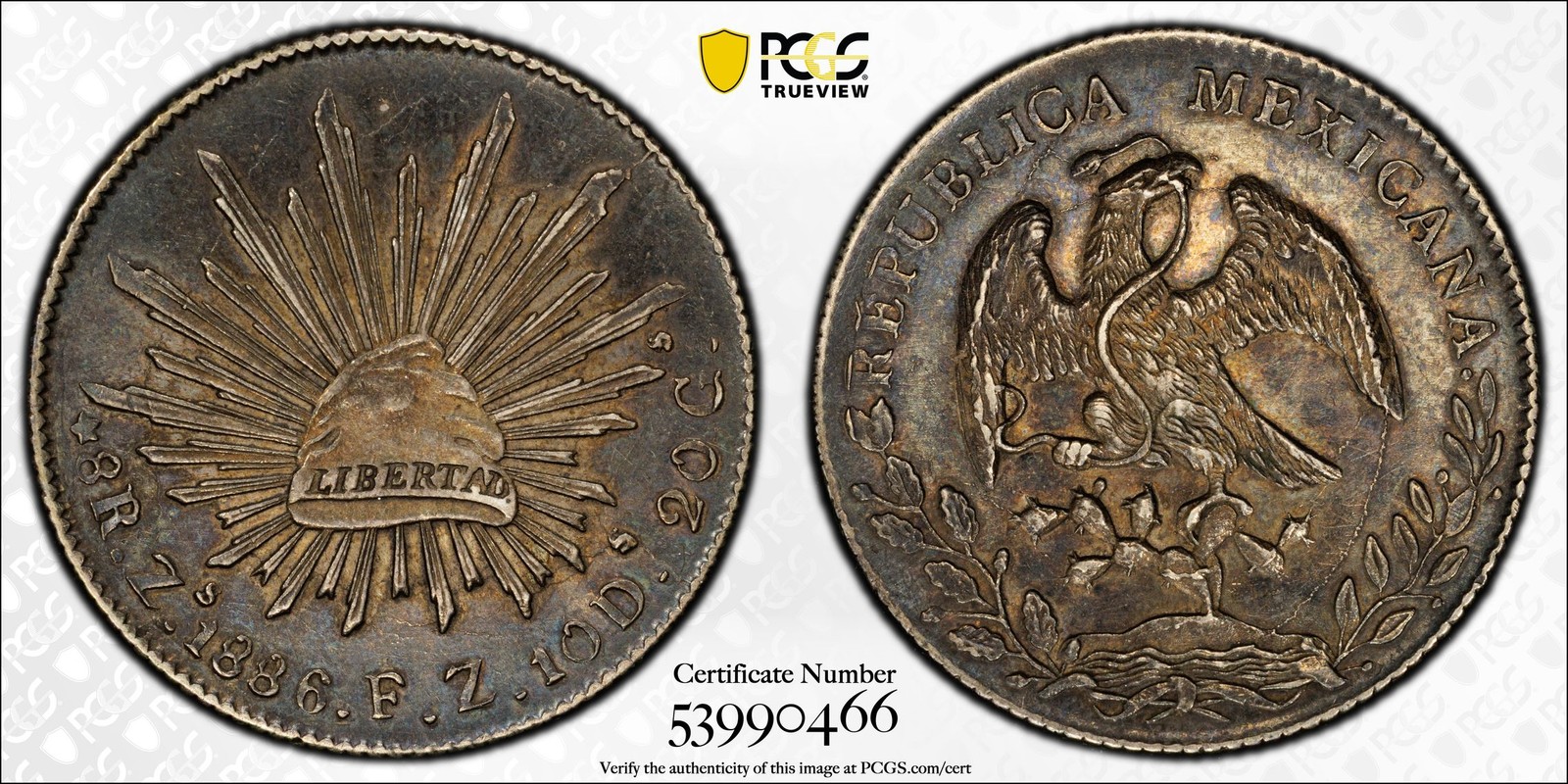 1886 Zs FZ PCGS AU55 - Mexico Toned Silver 8 Reales 8R Coin #59525A