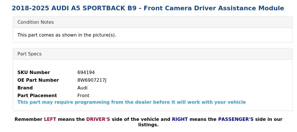 2018-2025 AUDI A5 SPORTBACK B9 - Front Camera Driver Assistance Module