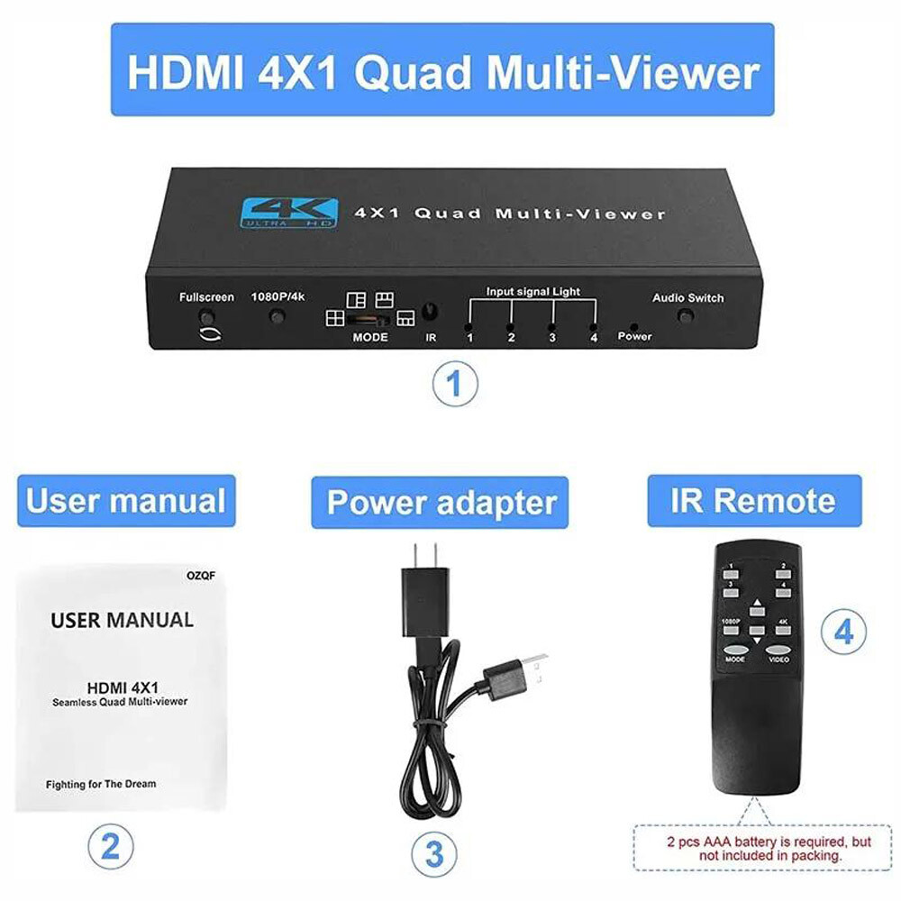 Multi-Viewer 4K HDMI 4x1 1080P Seamless Quad Screen Real Time Remote Splitter US