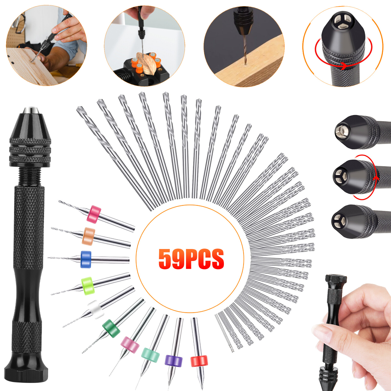 59Pcs Pin Vise Mini Micro Hand Twist Drill Bits Set Rotary Tools DIY Craft Kit