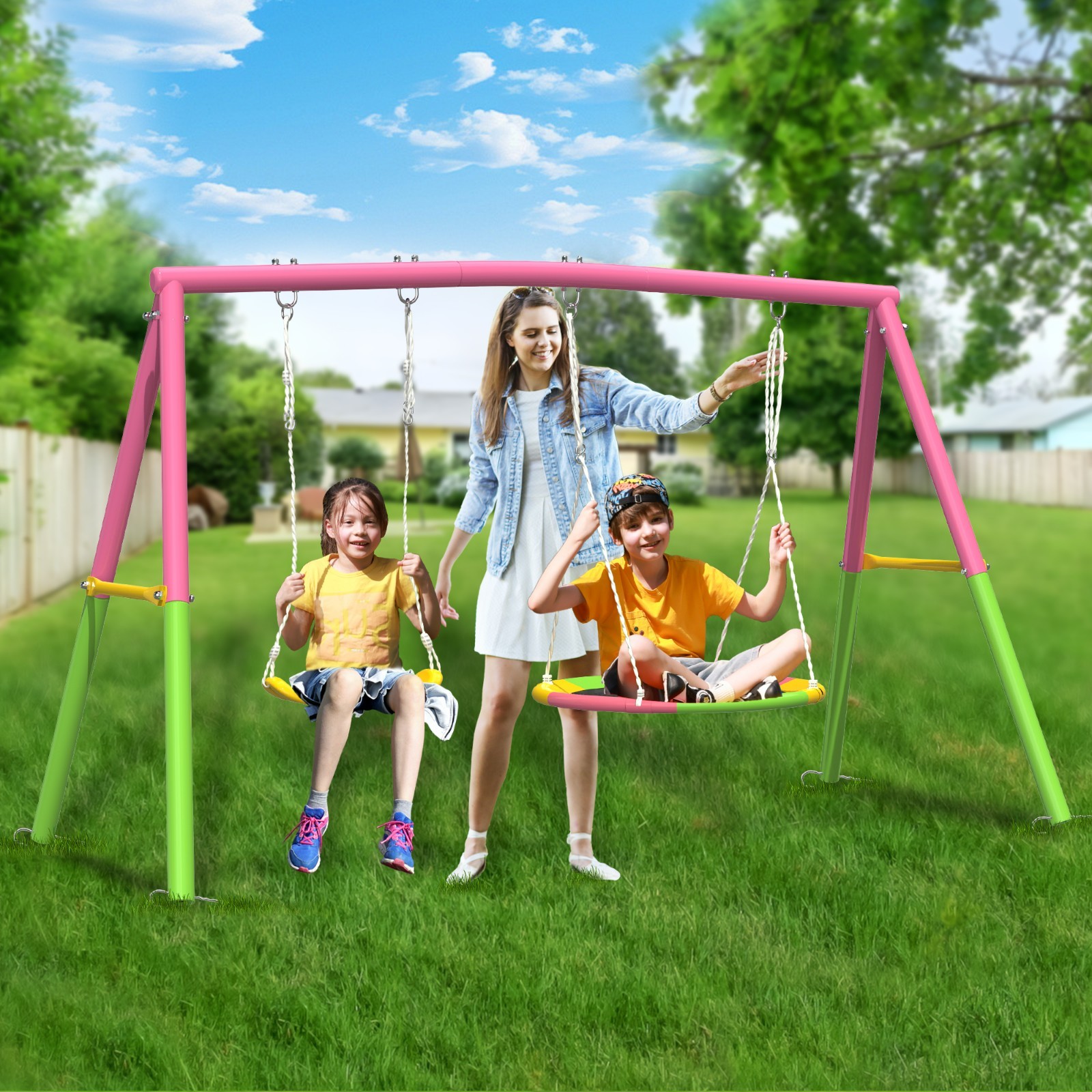 Pink Swing Set for Backyard,Swing Heavy Duty 440lbs Metal Outdoor Swing Stand