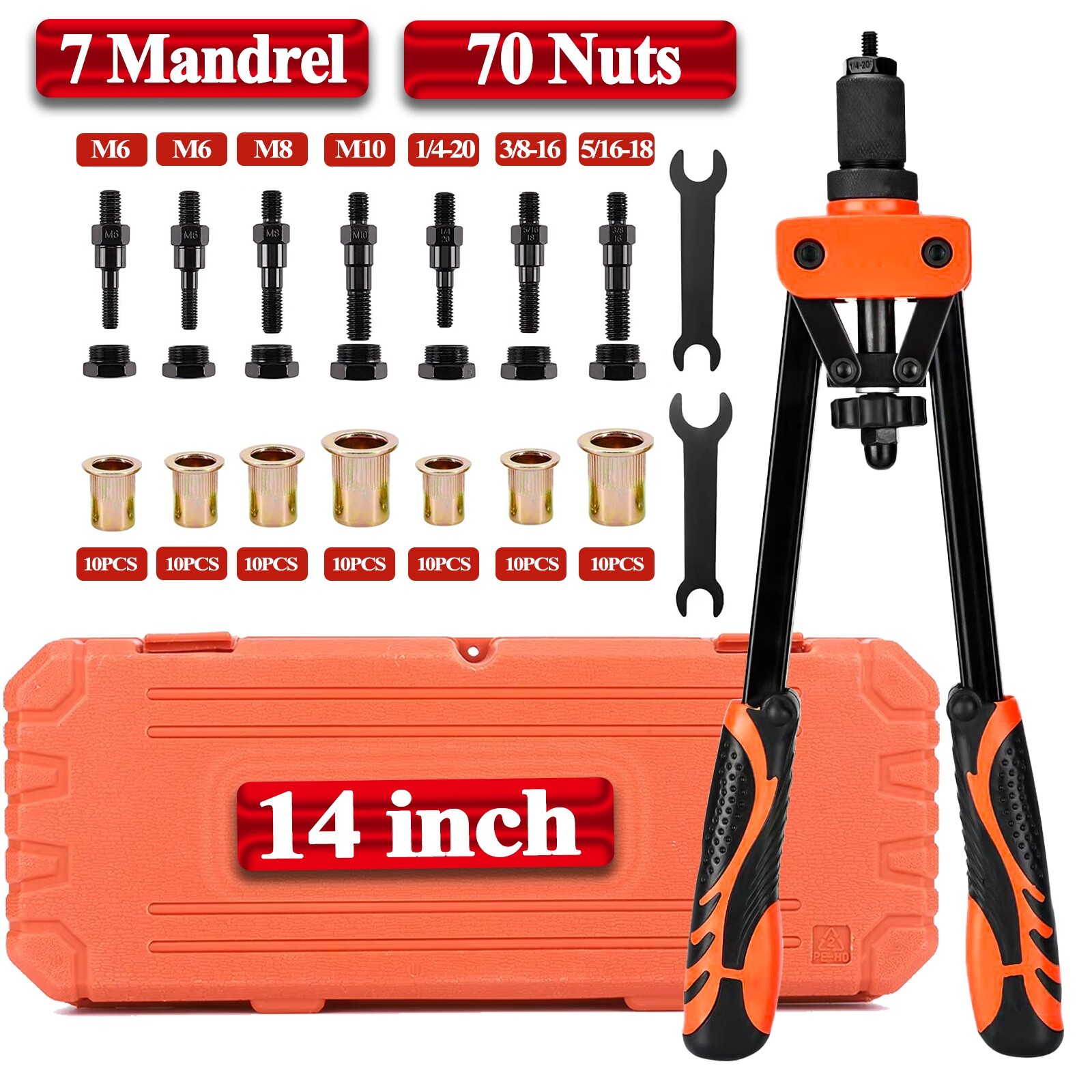 14" Rivnut Tool Kit 7 Metric & SAE Mandrels Hand Nutsert Rivet Nut Gun Tool Set