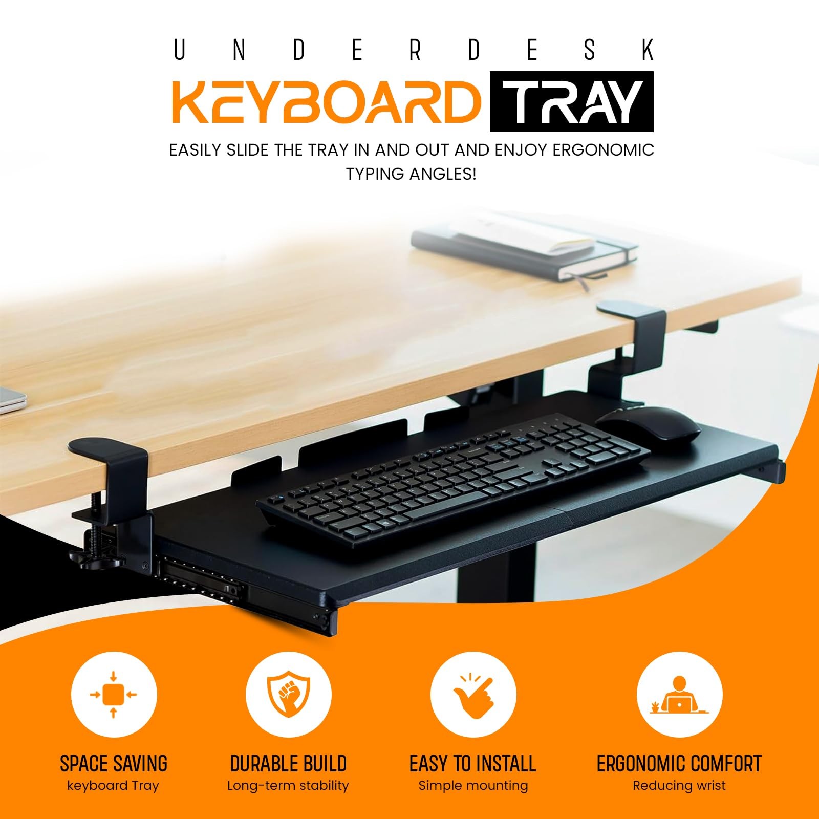 Keyboard Tray Under Desk Slide Out | MDF Board Platform with Iron Rail | Ergo...