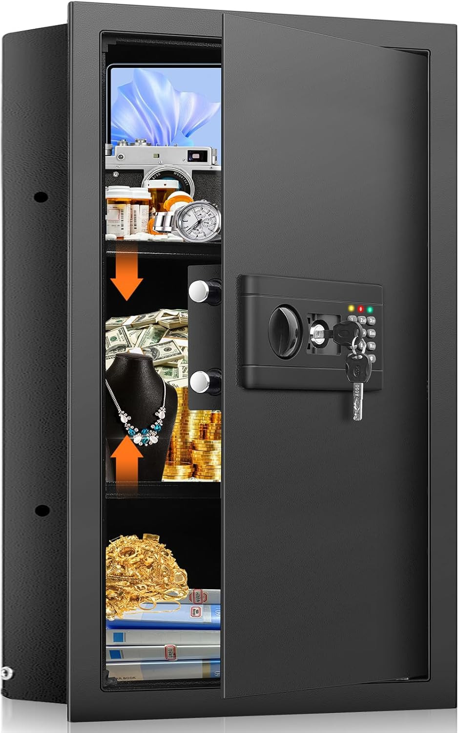 25.6" Tall Fireproof Hidden Wall Safe with 2 Shelves & Tray