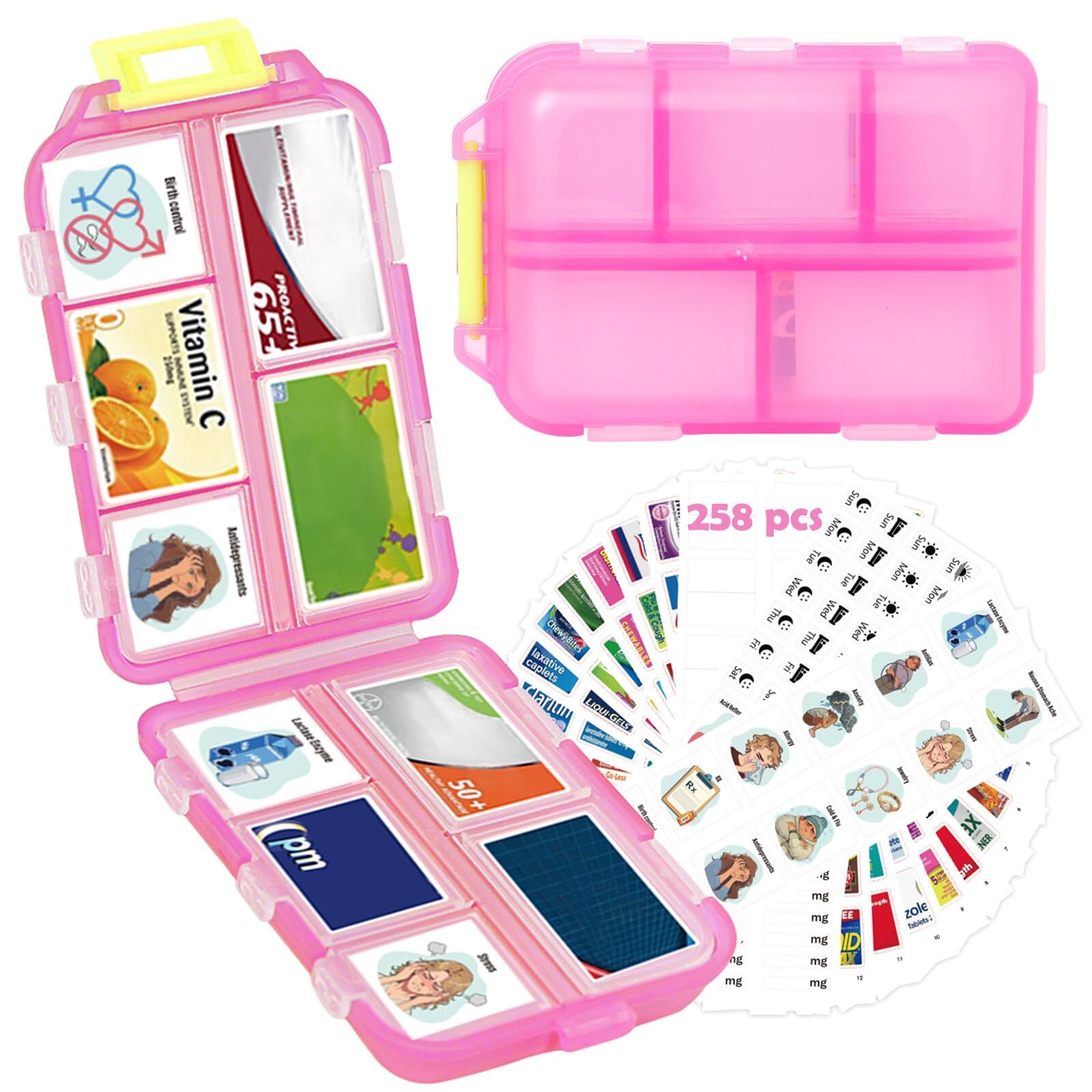 WUSUTE 2 Pcs Pill Organizer with Medicine Labels, Travel Pill Box Daily Pill