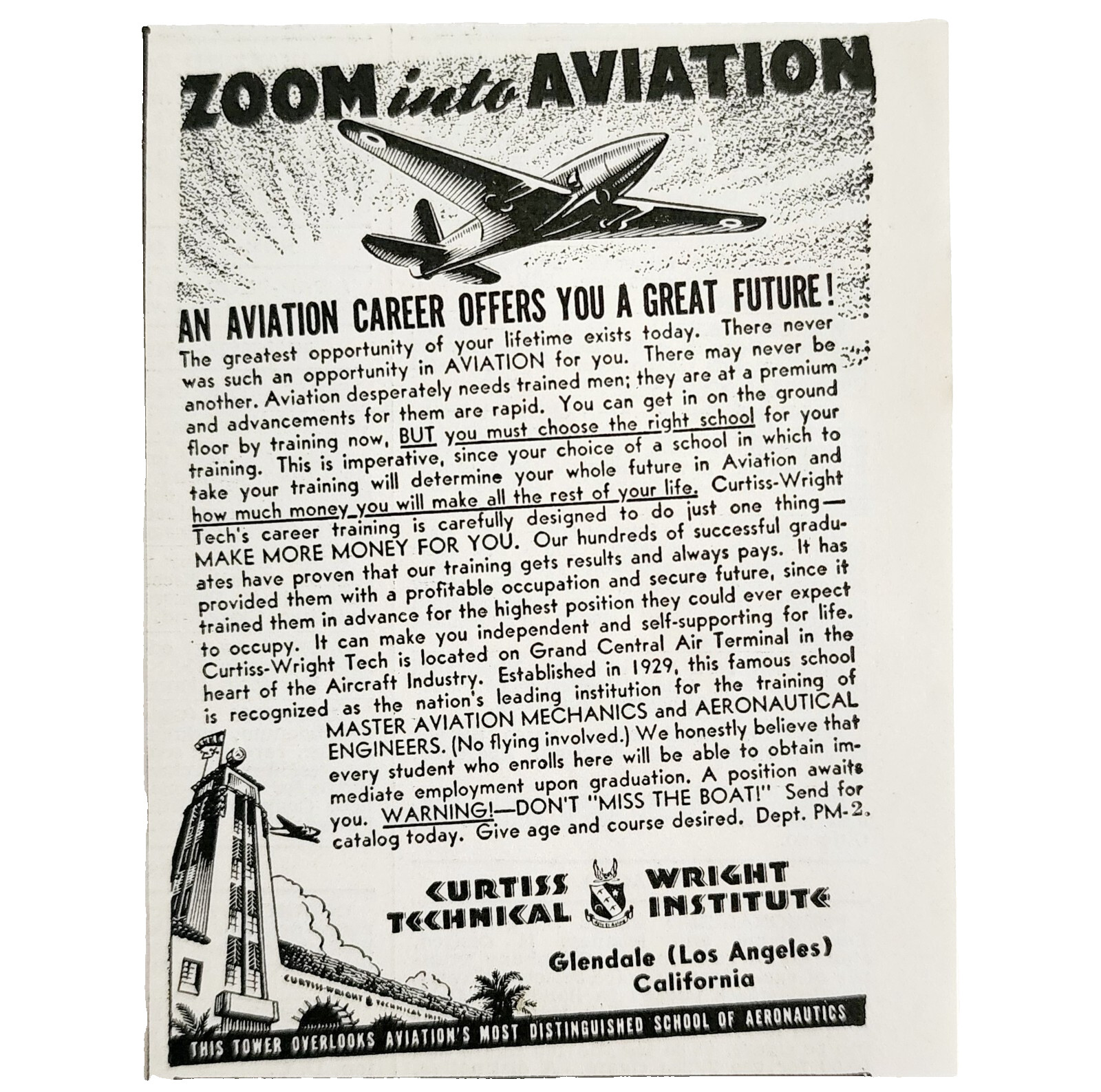 1941 Curtiss Wright Aviation Institute Advertisement Vintage Los Angeles DWF25