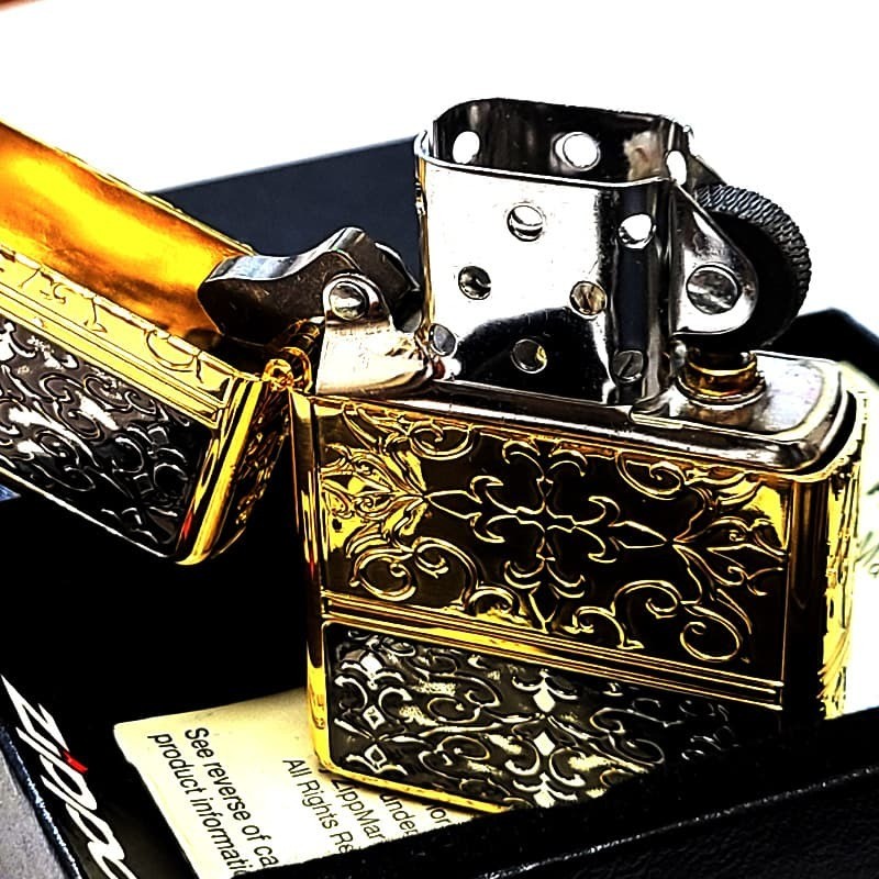 ZIPPO Armor 5 Sided Fine Processing Arabesque Engraving Zippo Lighter Gold Black