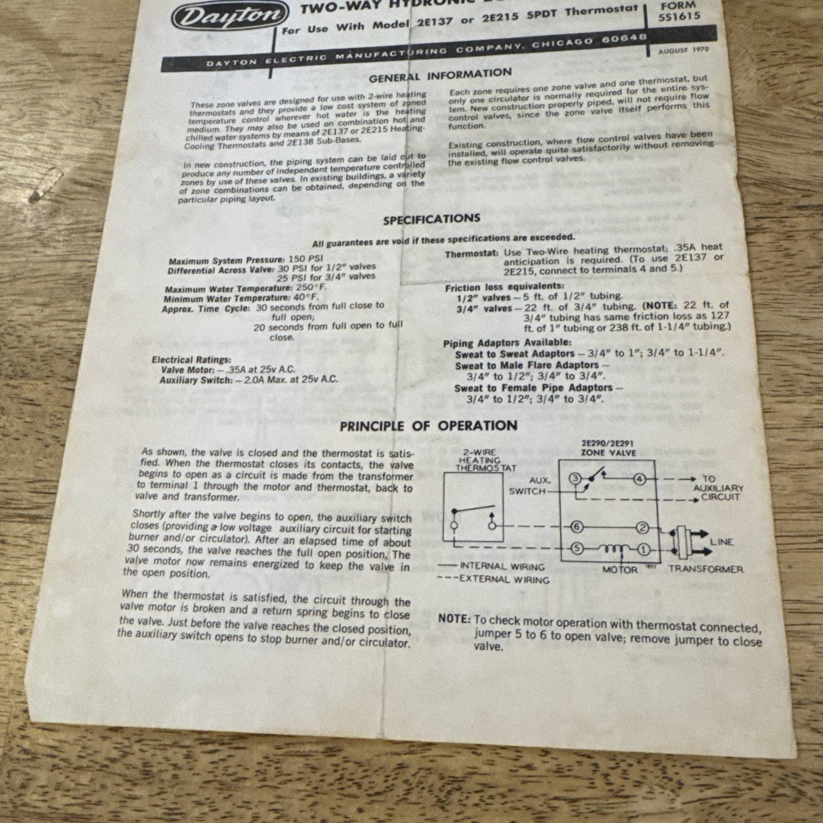 Dayton Two Way Hydronic Zone Values Model 2E290 & 2E291 Operating Instructions